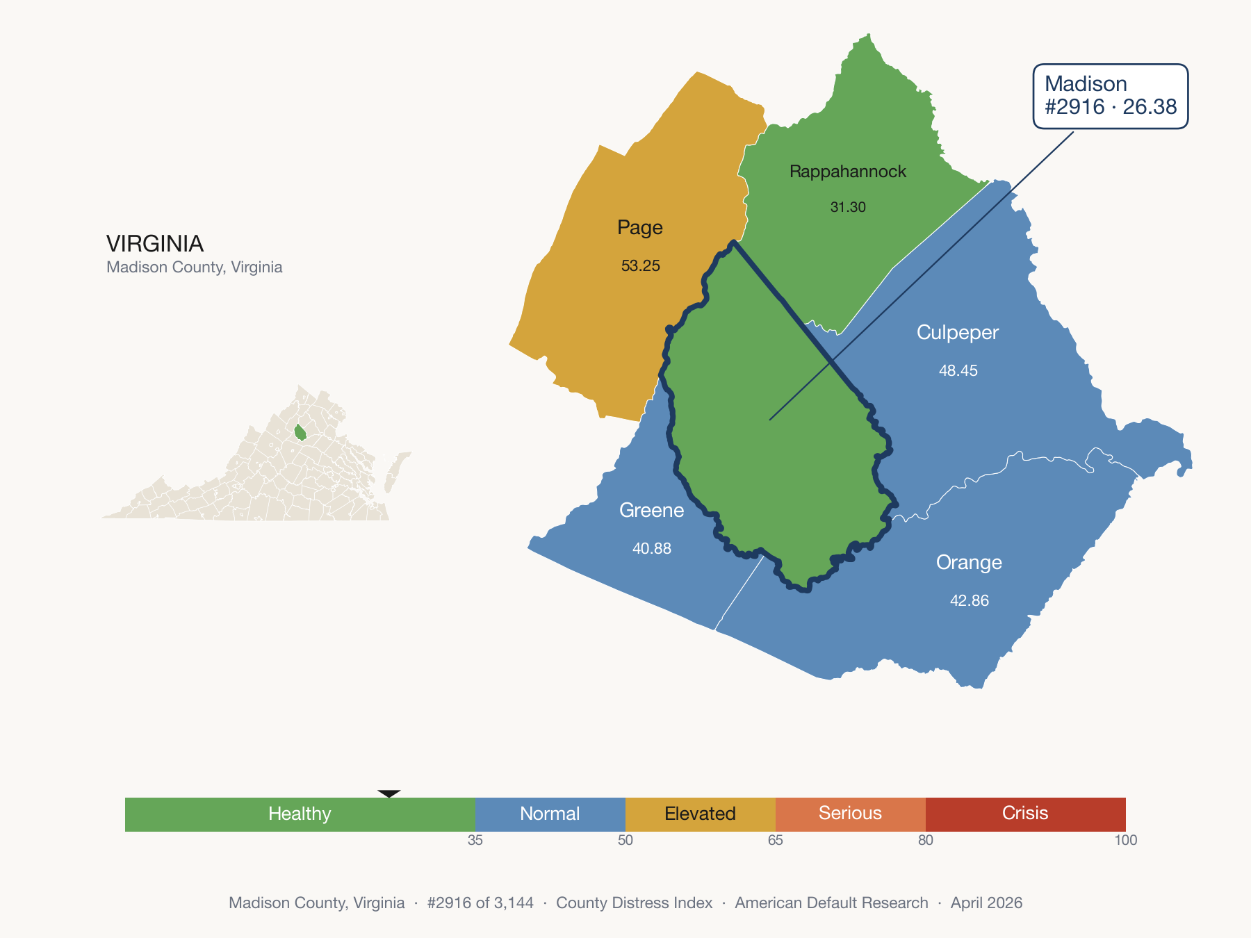 County Distress Index cluster map. Madison County, Virginia and its neighbors colored by distress zone.