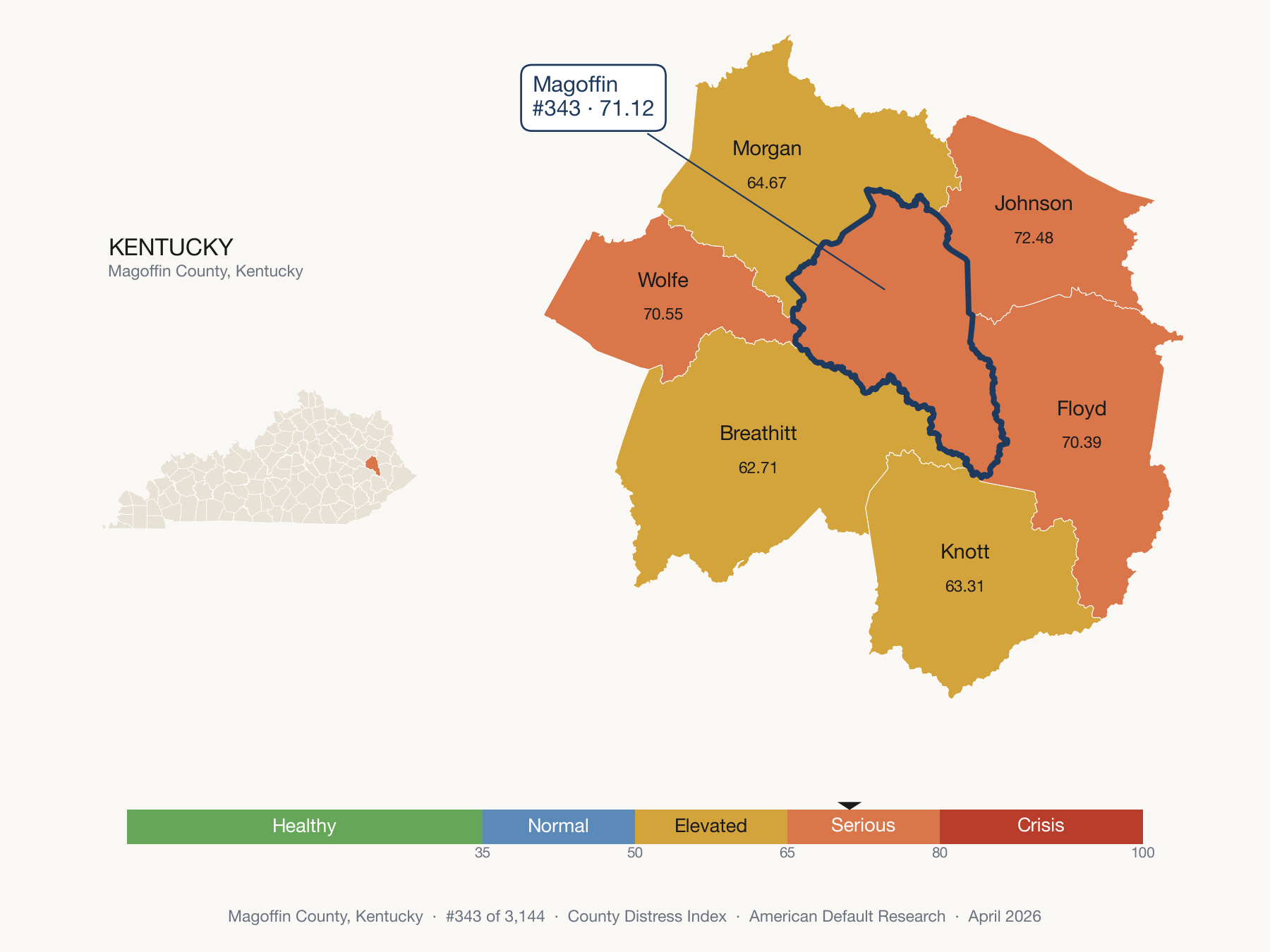 County Distress Index cluster map. Magoffin County, Kentucky and its neighbors colored by distress zone.