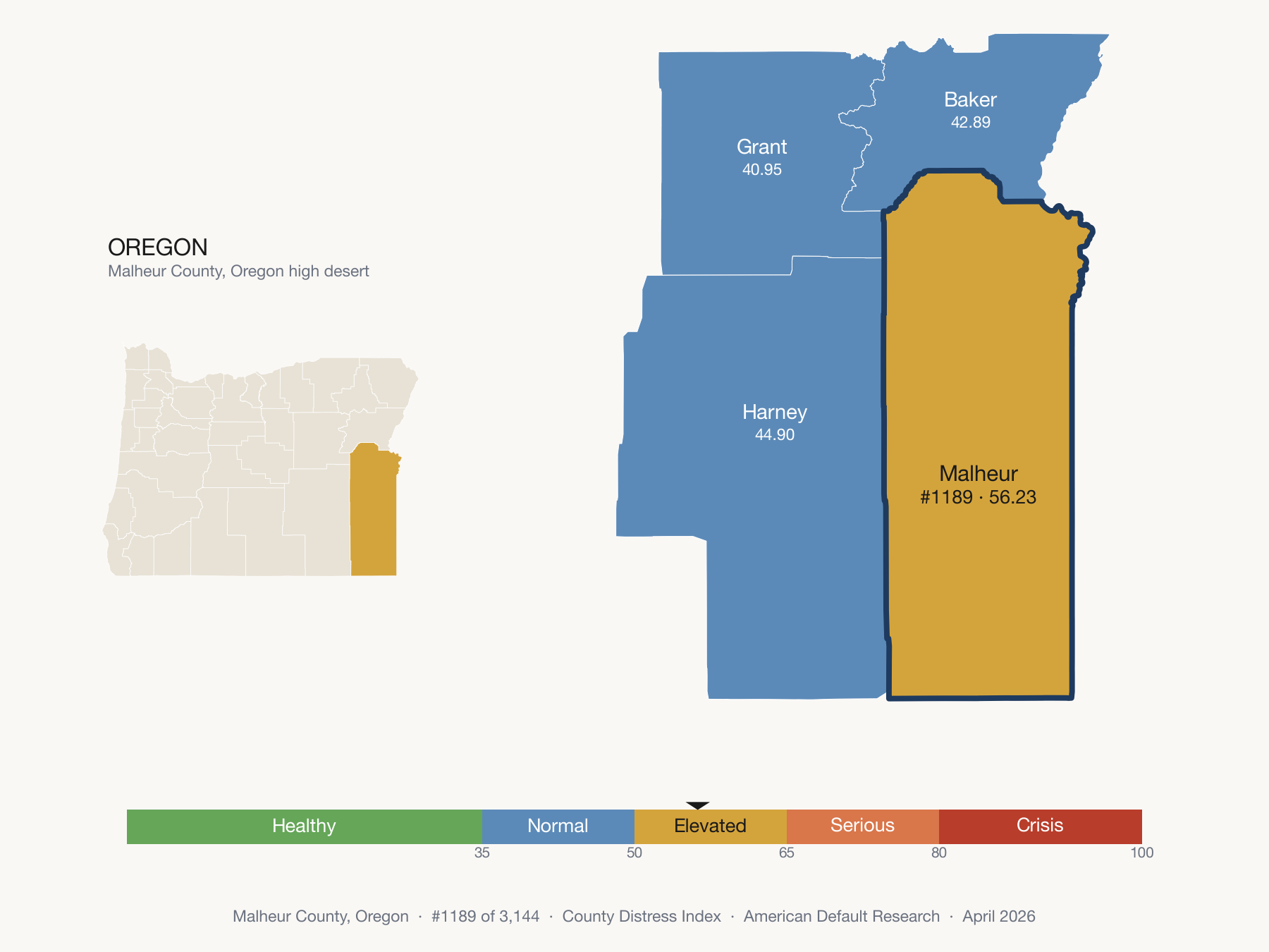 County Distress Index cluster map. Malheur County, Oregon and its neighbors colored by distress fifth.