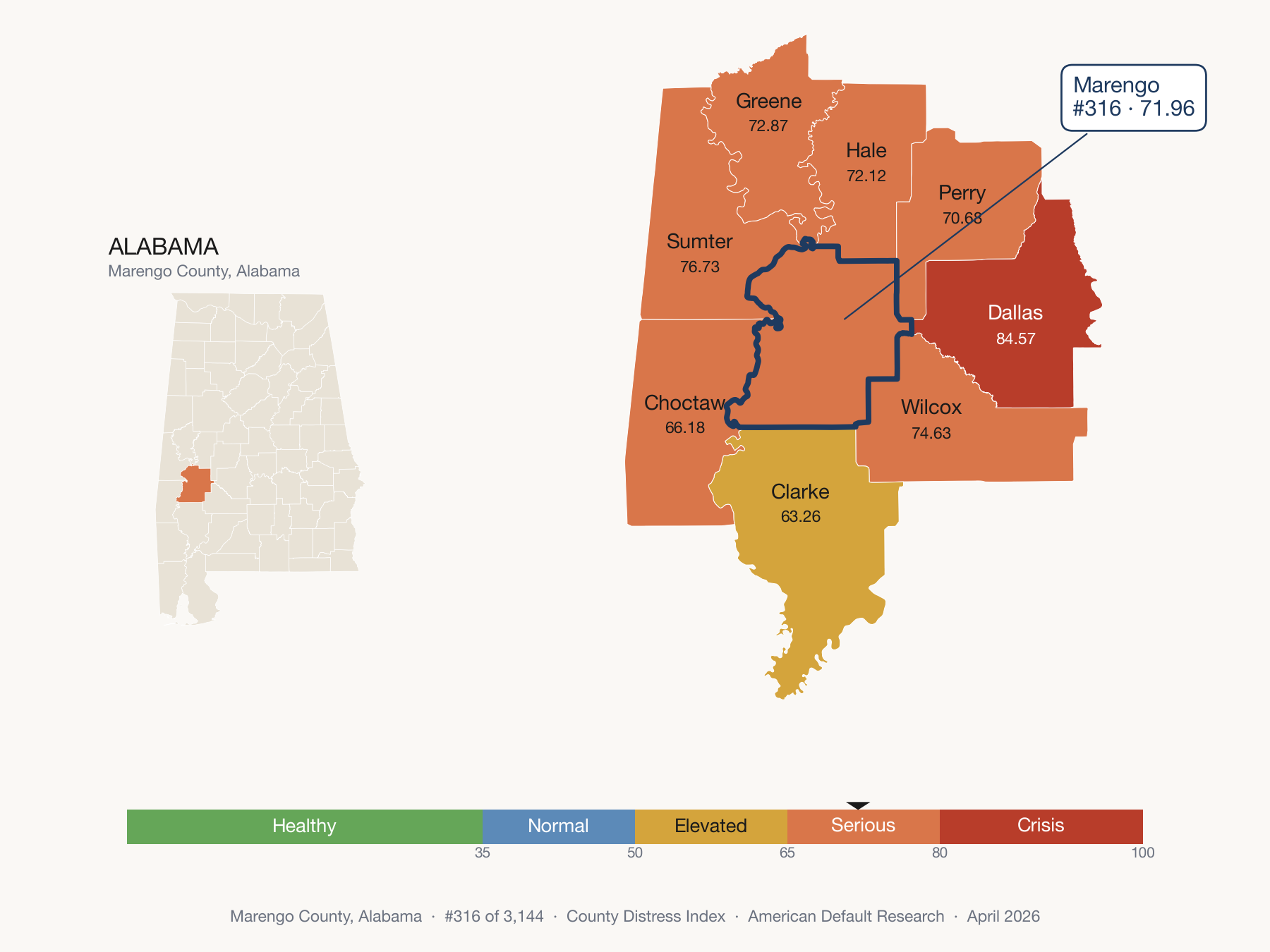County Distress Index cluster map. Marengo County, Alabama and its neighbors colored by distress fifth.