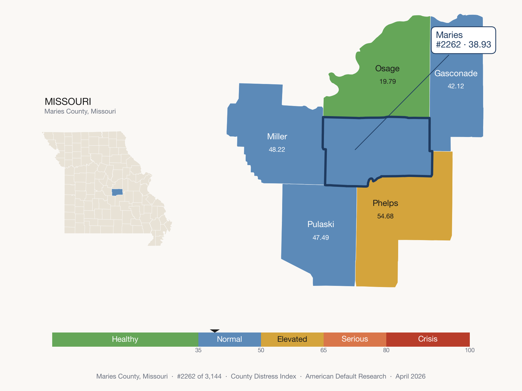 County Distress Index cluster map. Maries County, Missouri and its neighbors colored by distress fifth.