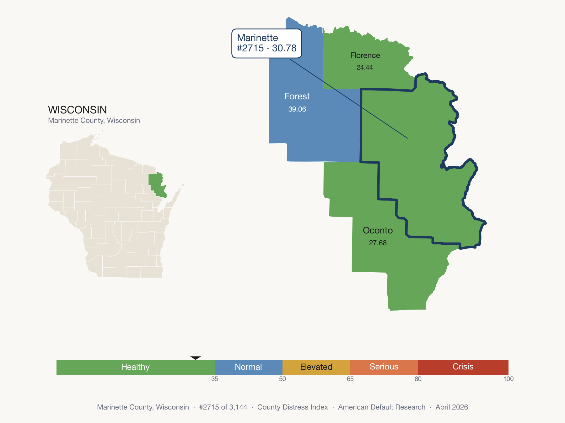 County Distress Index cluster map. Marinette County, Wisconsin and its neighbors colored by distress fifth.