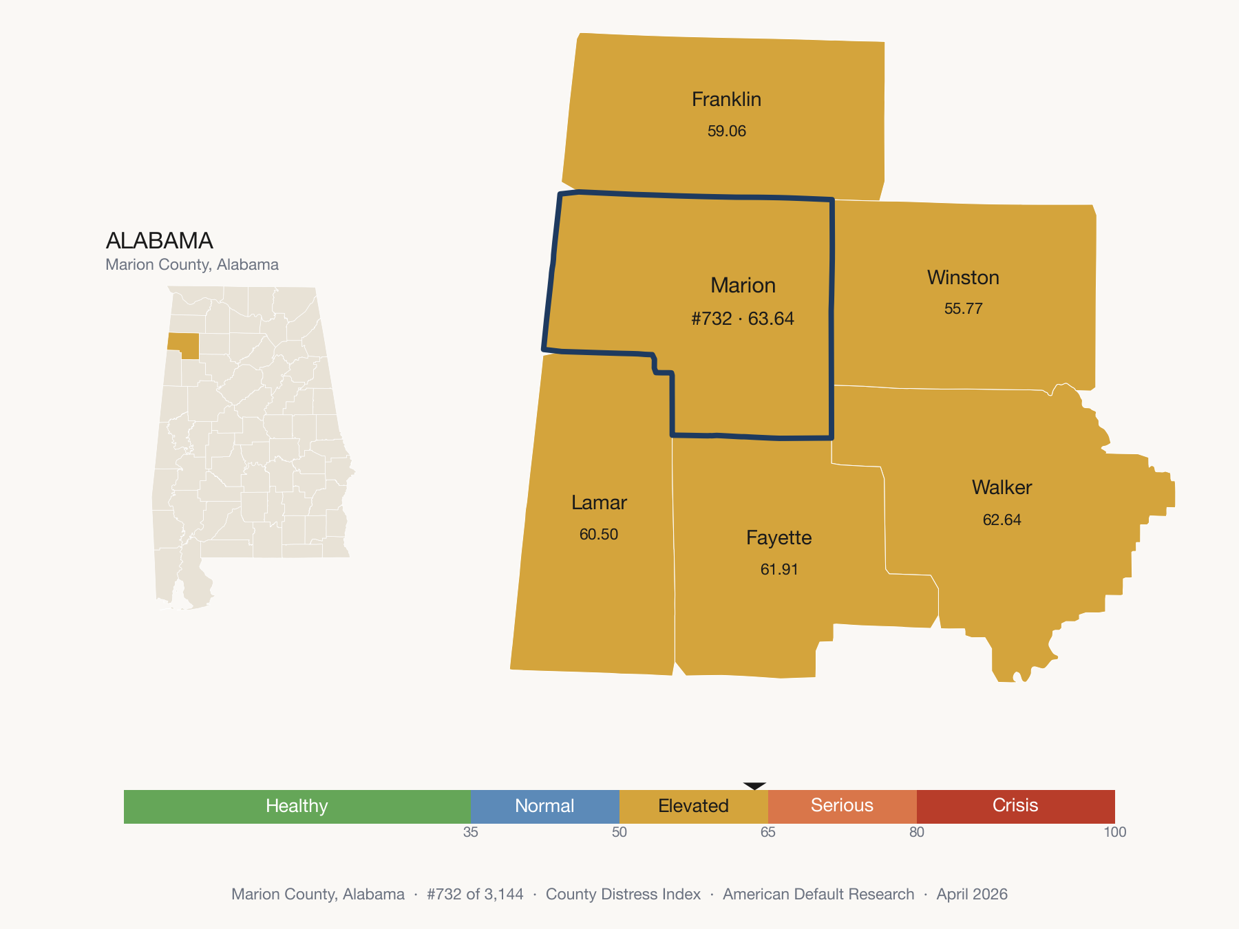 County Distress Index cluster map. Marion County, Alabama and its neighbors colored by distress fifth.