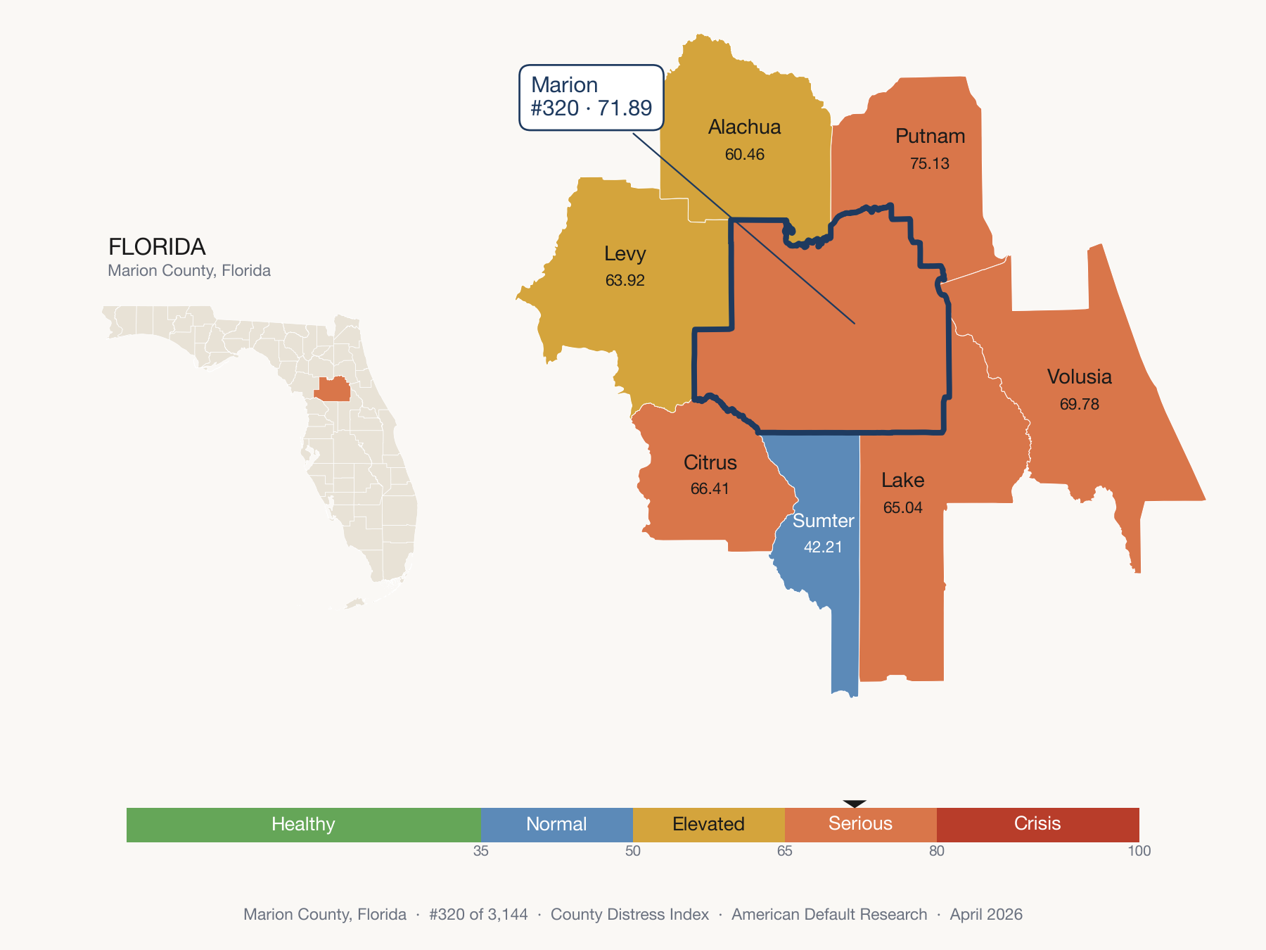 County Distress Index cluster map. Marion County, Florida and its neighbors colored by distress fifth.