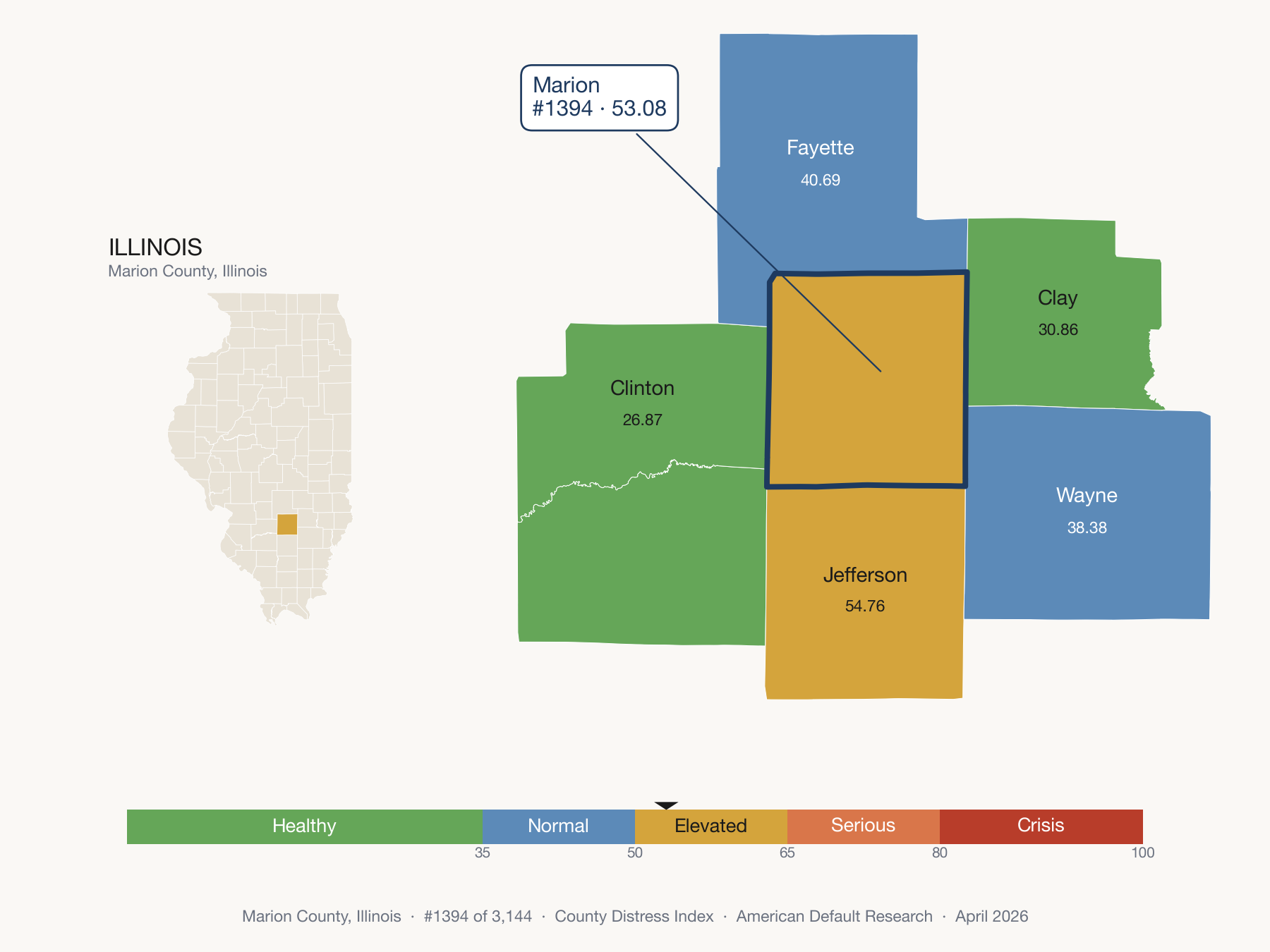 County Distress Index cluster map. Marion County, Illinois and its neighbors colored by distress zone.
