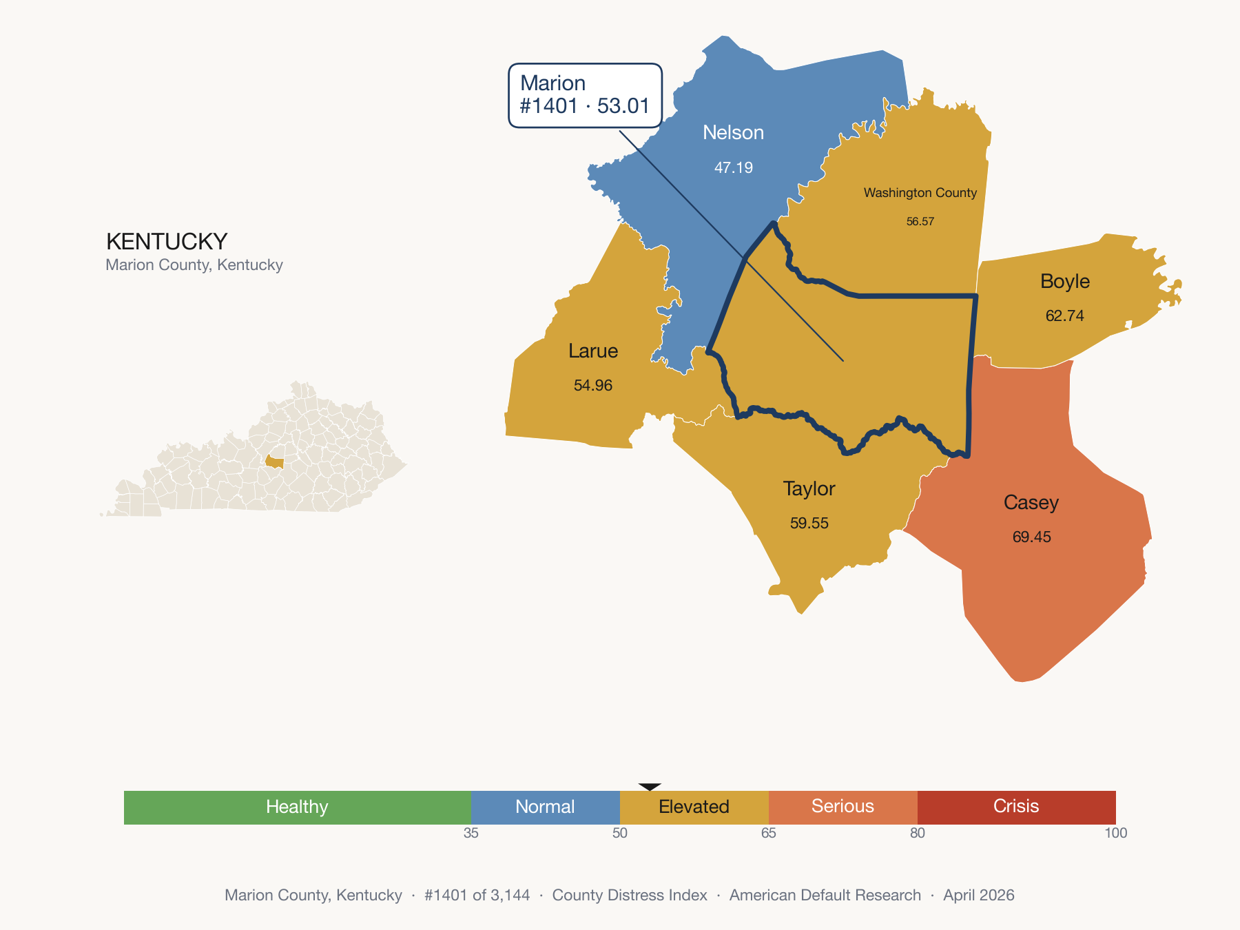 County Distress Index cluster map. Marion County, Kentucky and its neighbors colored by distress zone.