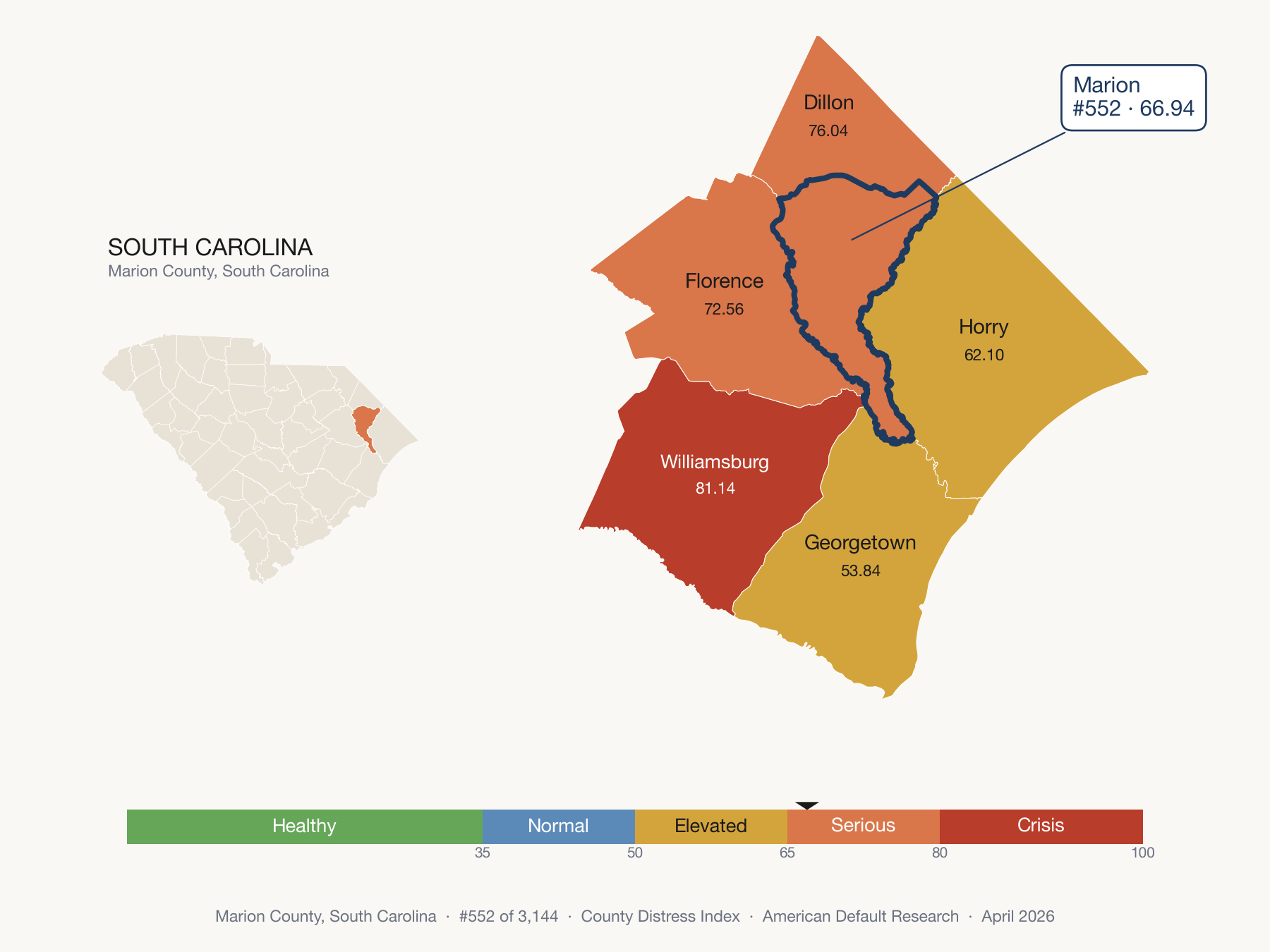 County Distress Index cluster map. Marion County, South Carolina and its neighbors colored by distress fifth.