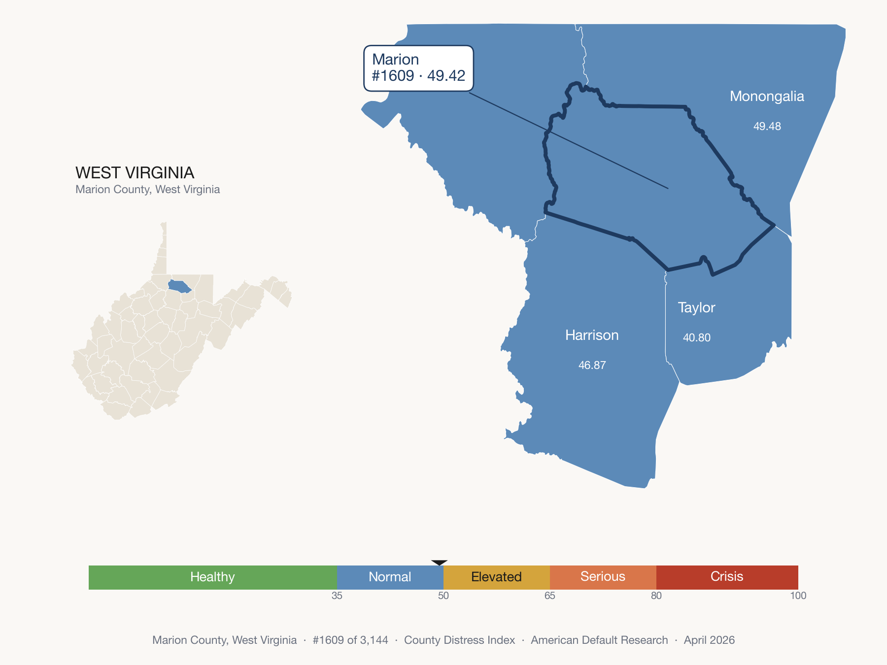 County Distress Index cluster map. Marion County, West Virginia and its neighbors colored by distress fifth.
