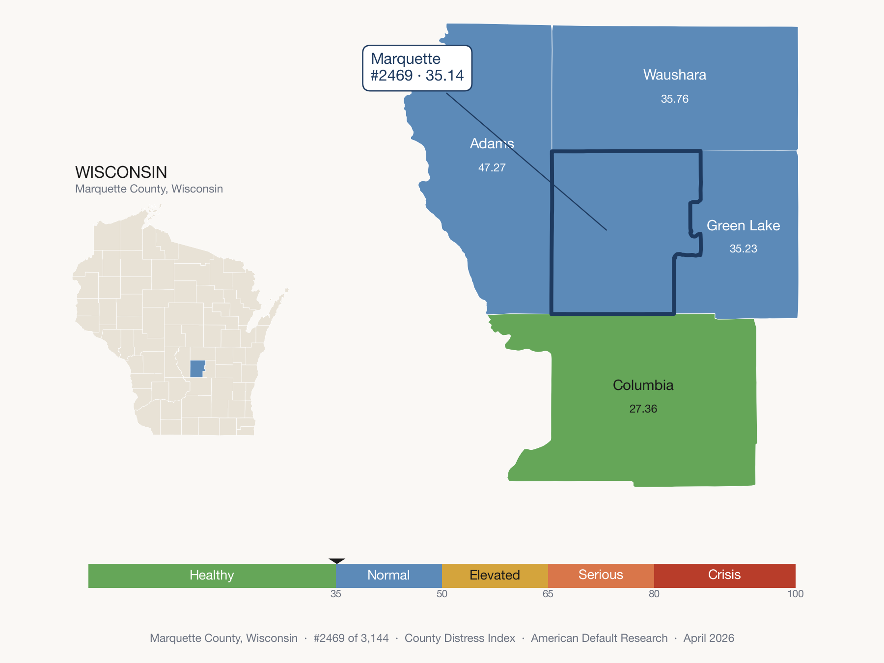 County Distress Index cluster map. Marquette County, Wisconsin and its neighbors colored by distress zone.