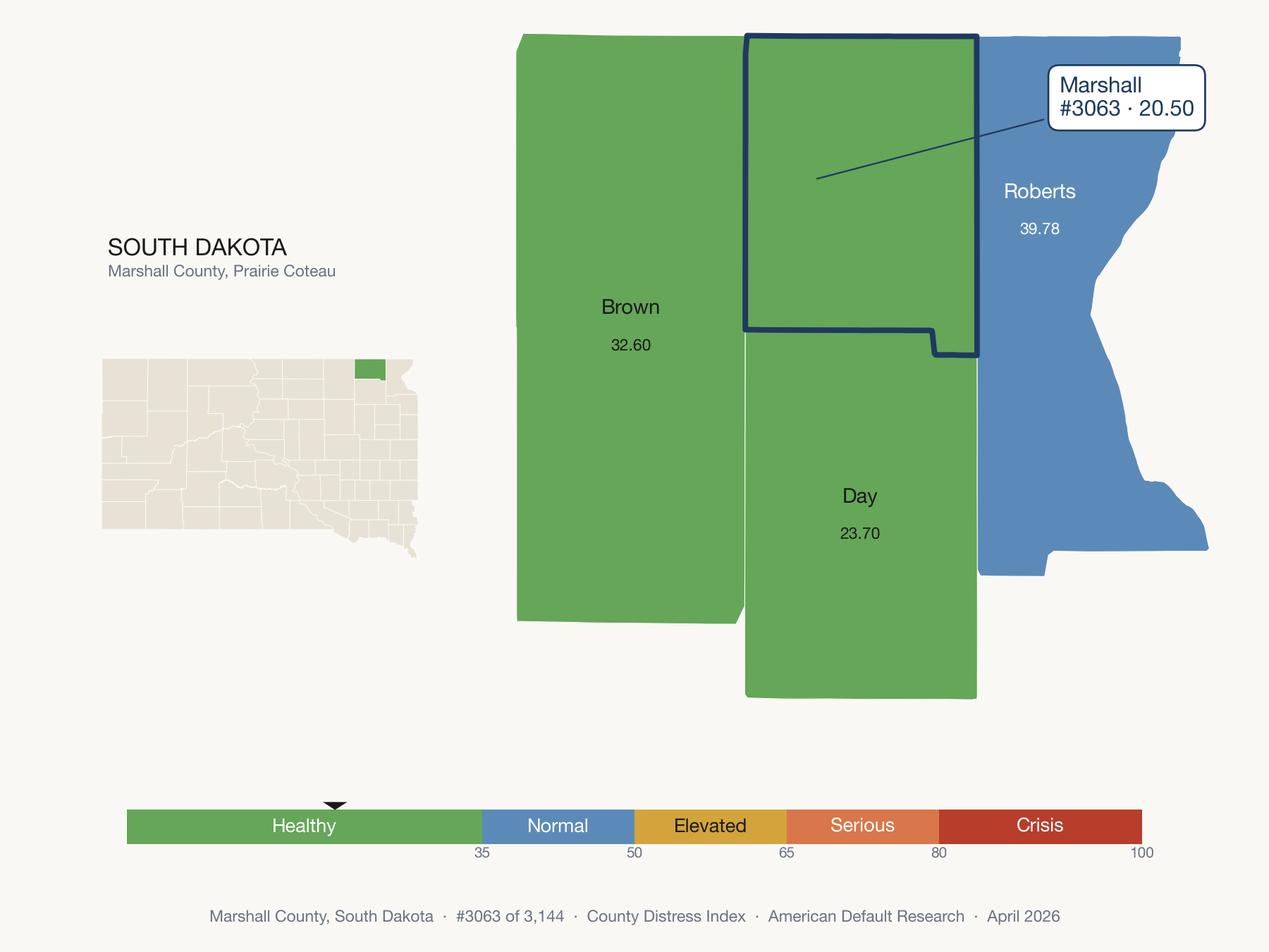 County Distress Index cluster map. Marshall County, South Dakota and its neighbors colored by distress zone.