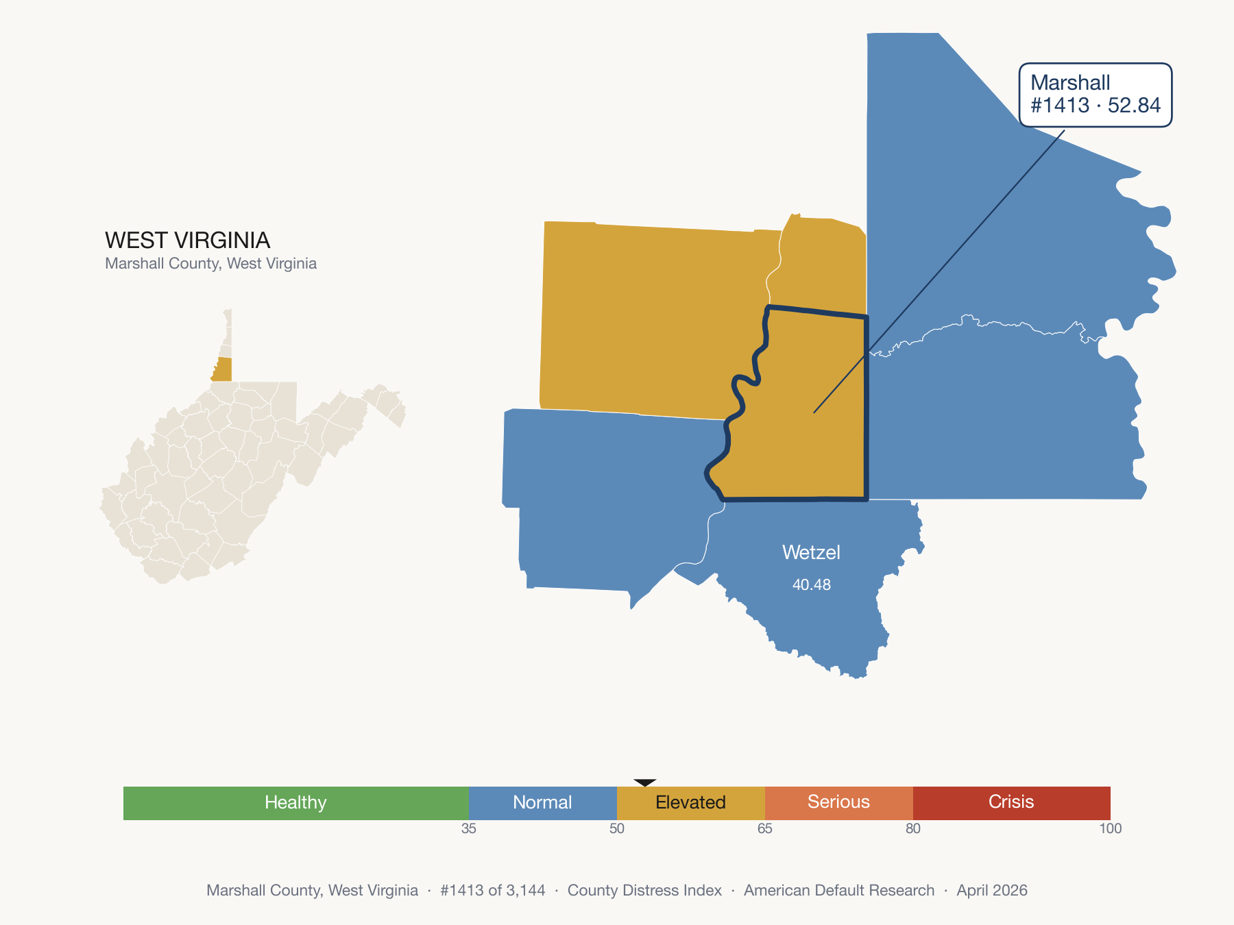 County Distress Index cluster map. Marshall County, West Virginia and its neighbors colored by distress zone.