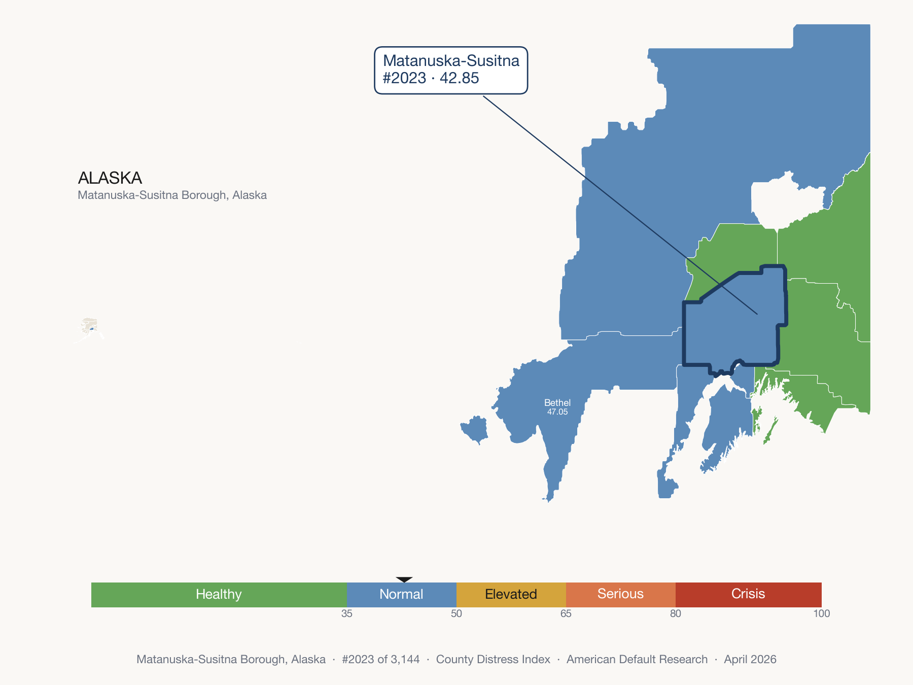 County Distress Index cluster map. Matanuska-Susitna Borough, Alaska and its neighbors colored by distress zone.