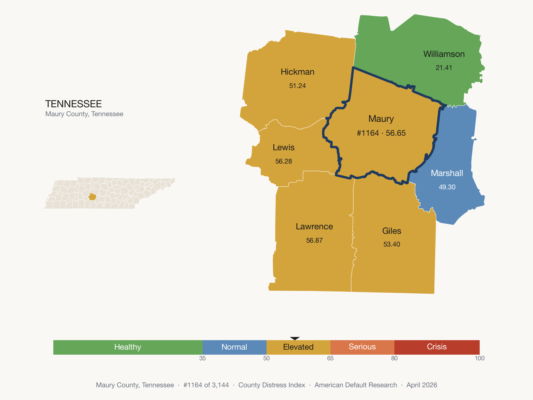 County Distress Index cluster map. Maury County, Tennessee and its neighbors colored by distress fifth.
