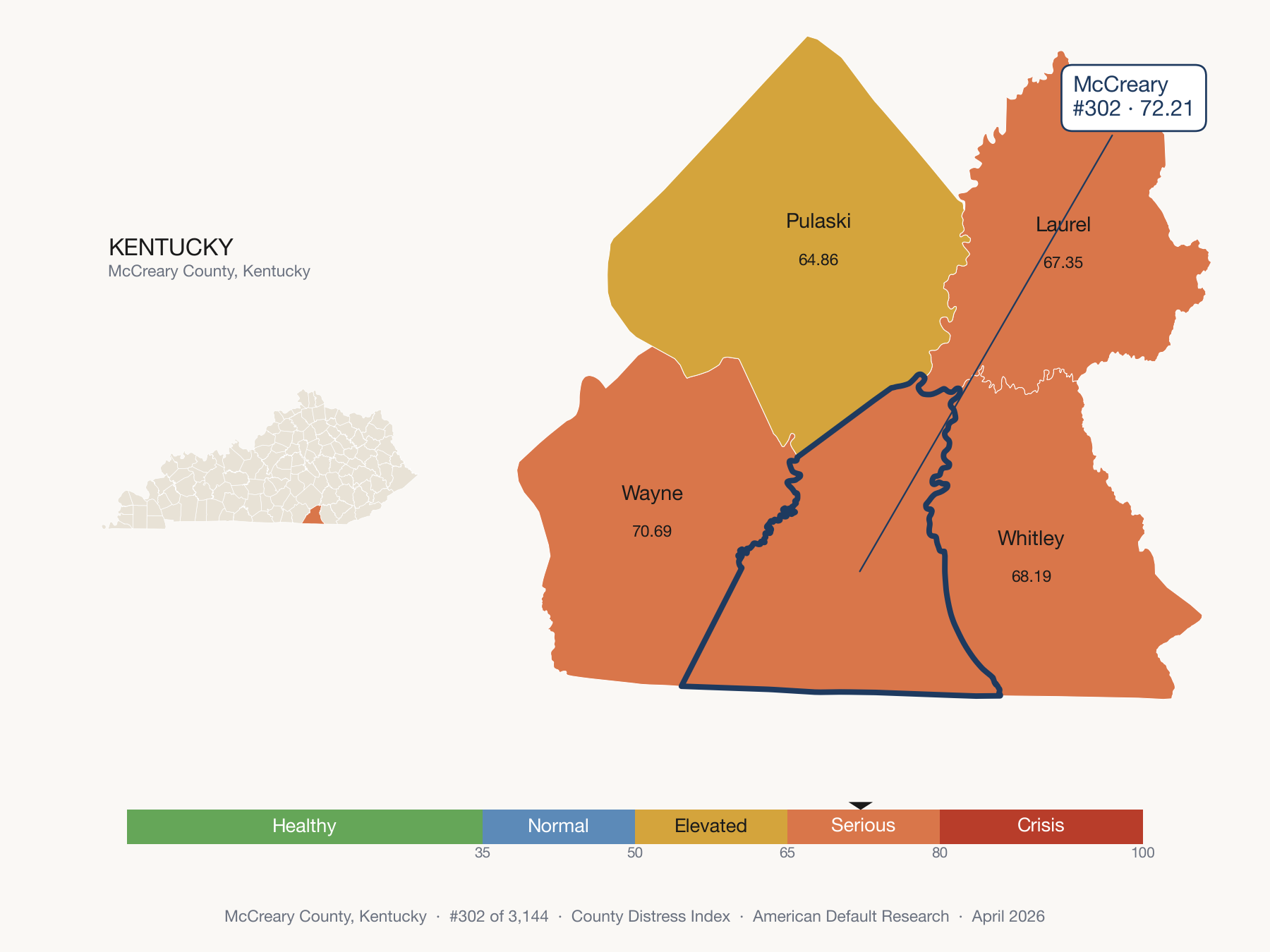 County Distress Index cluster map. McCreary County, Kentucky and its neighbors colored by distress fifth.