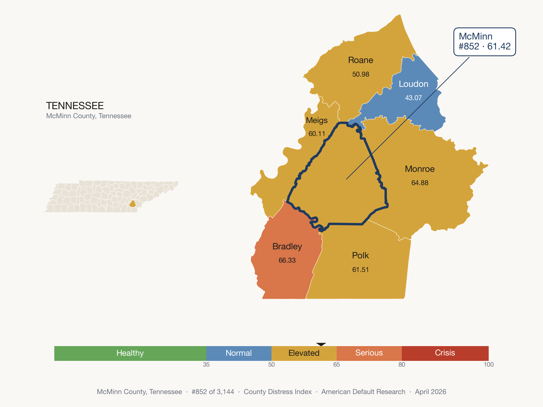 County Distress Index cluster map. McMinn County, Tennessee and its neighbors colored by distress fifth.