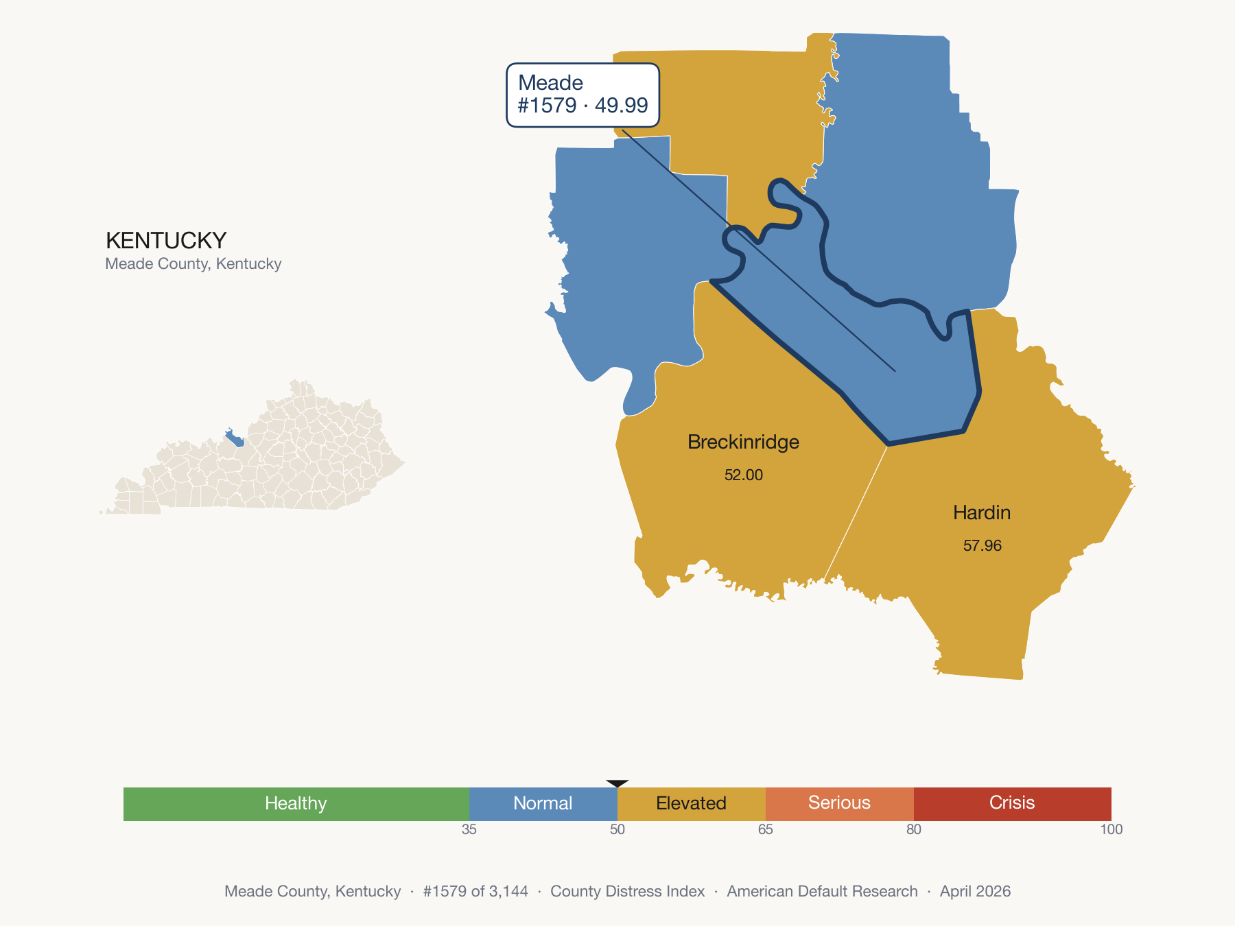 County Distress Index cluster map. Meade County, Kentucky and its neighbors colored by distress fifth.