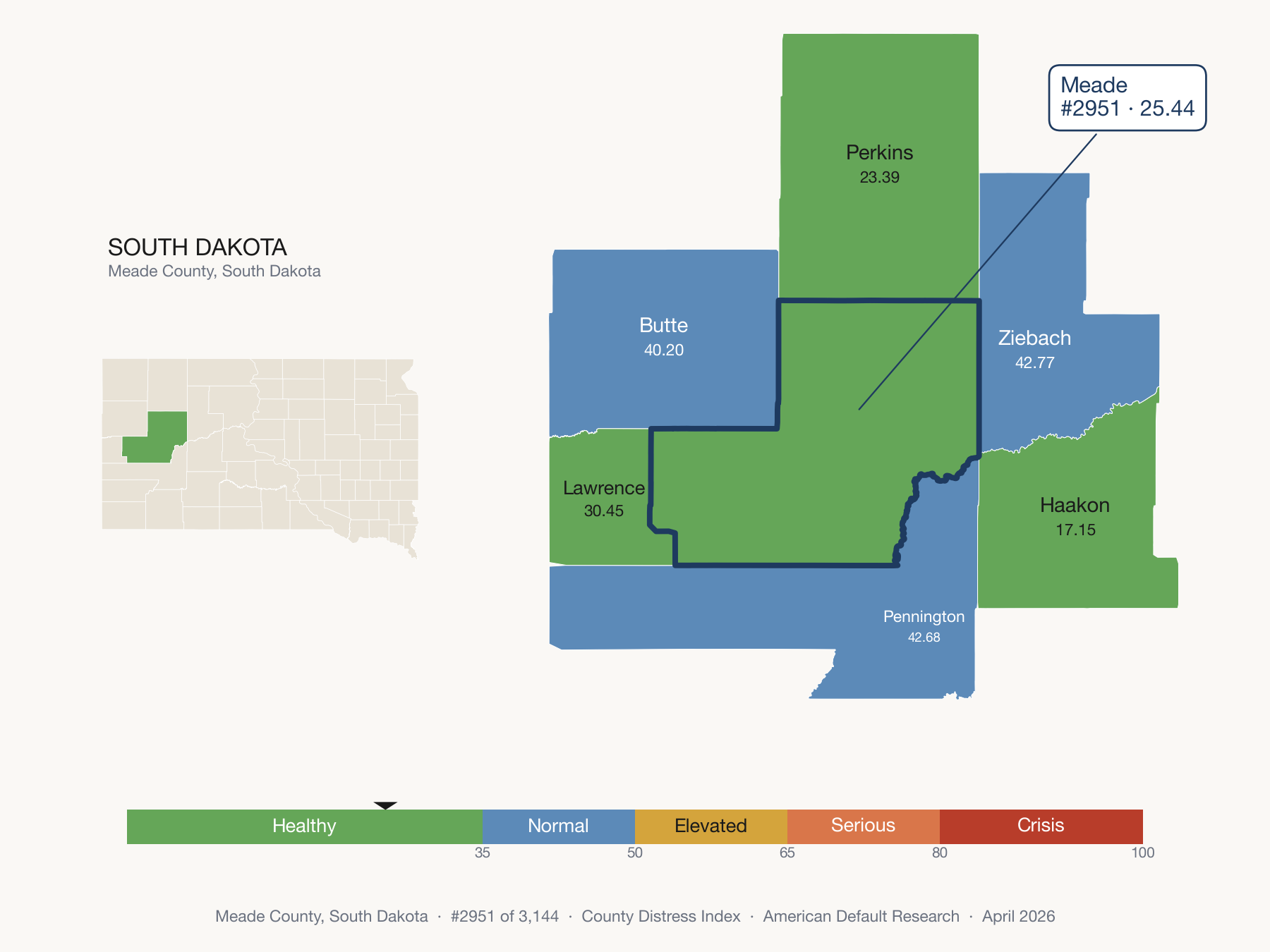 County Distress Index cluster map. Meade County, South Dakota and its neighbors colored by distress zone.