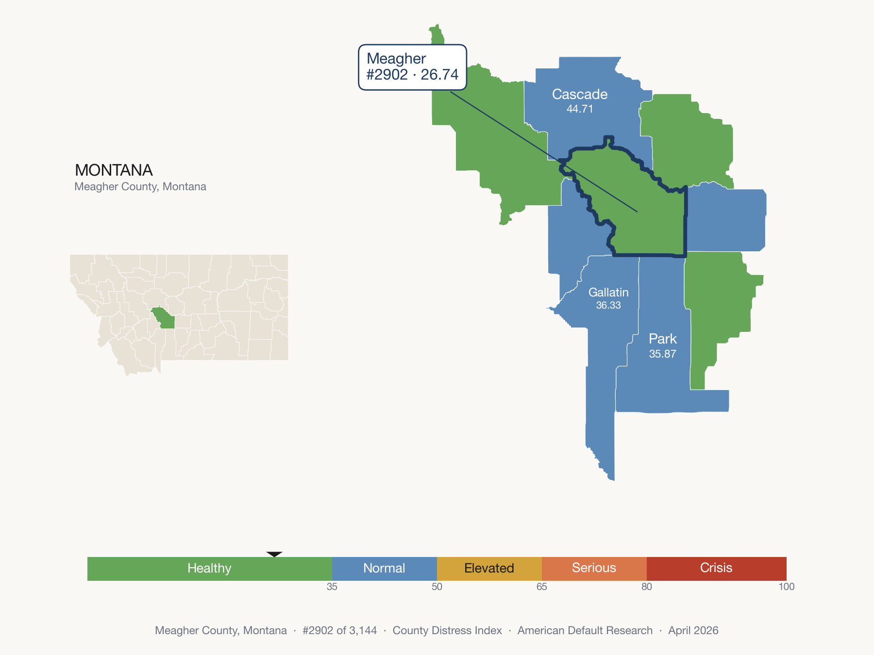 County Distress Index cluster map. Meagher County, Montana and its neighbors colored by distress zone.