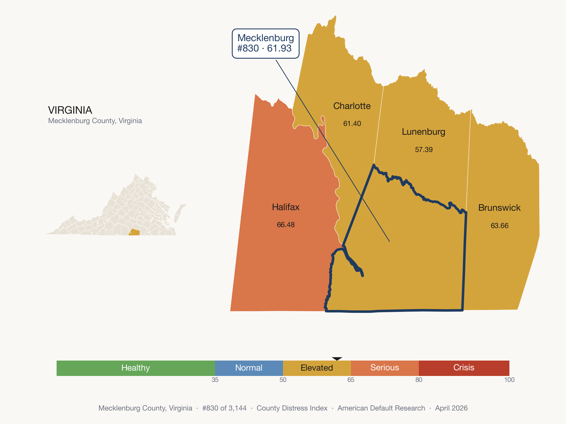County Distress Index cluster map. Mecklenburg County, Virginia and its neighbors colored by distress zone.