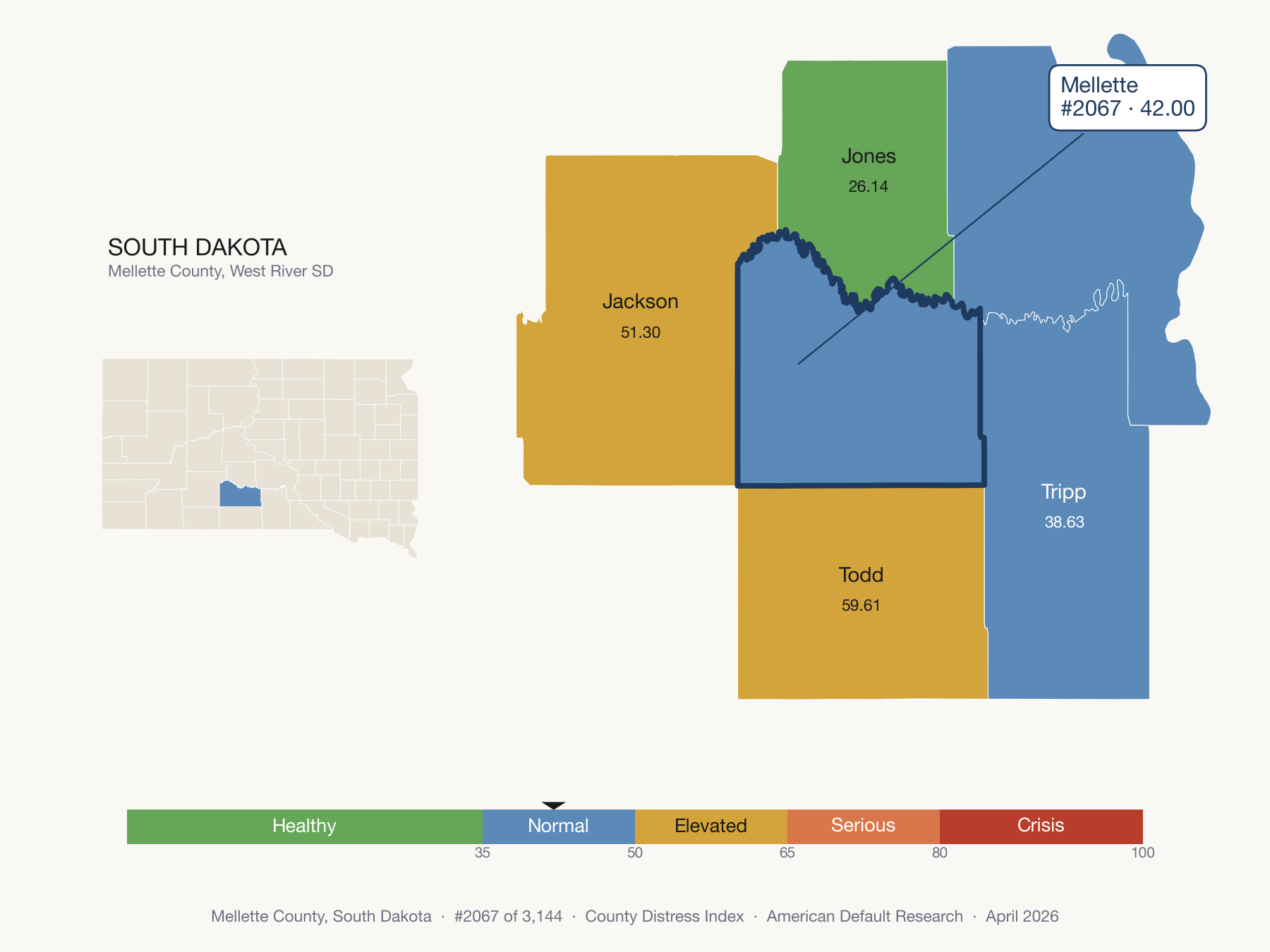County Distress Index cluster map. Mellette County, South Dakota and its neighbors colored by distress zone.
