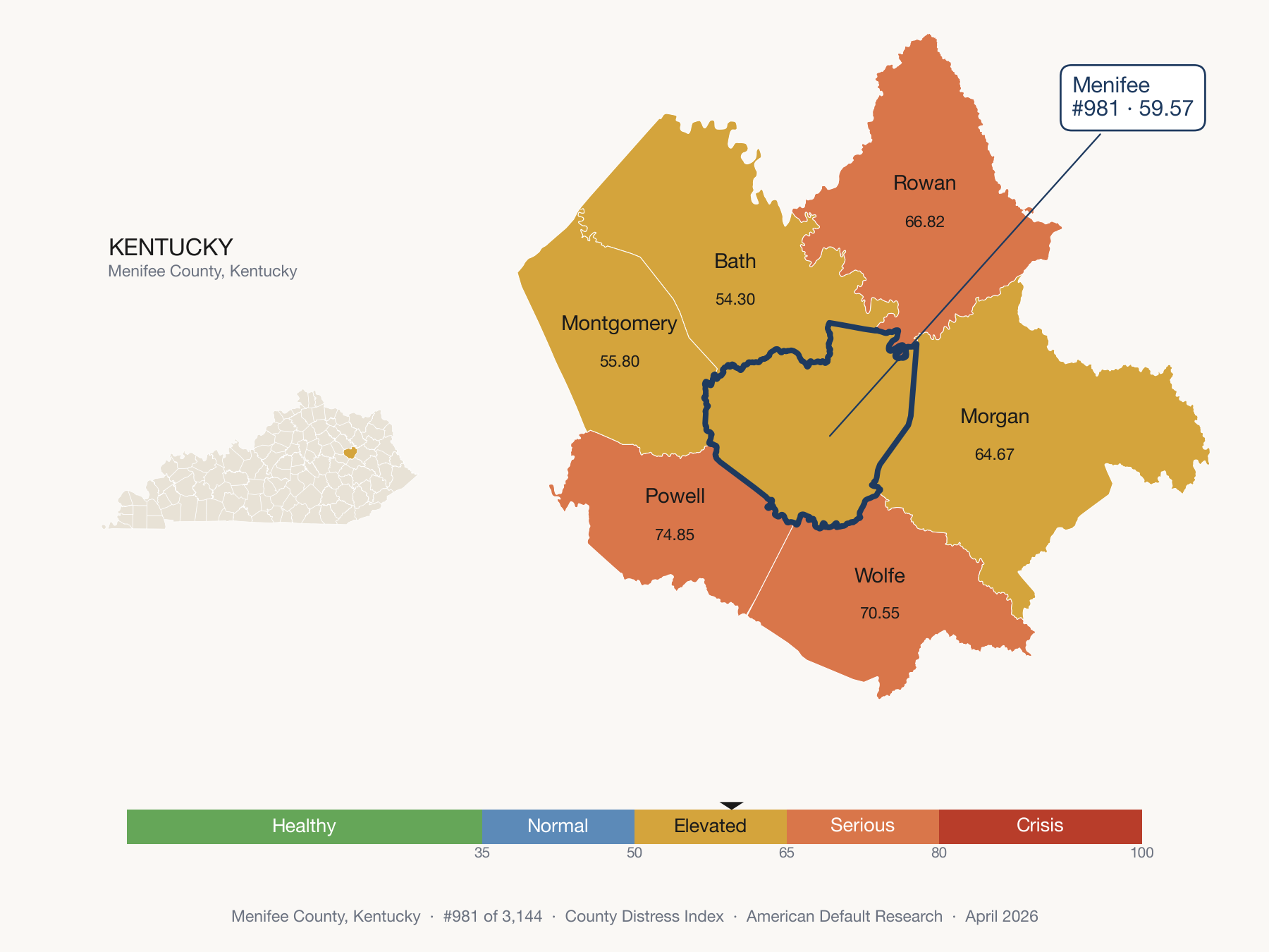 County Distress Index cluster map. Menifee County, Kentucky and its neighbors colored by distress fifth.