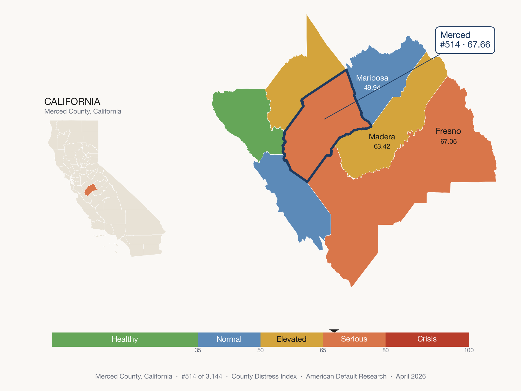 County Distress Index cluster map. Merced County, California and its neighbors colored by distress fifth.