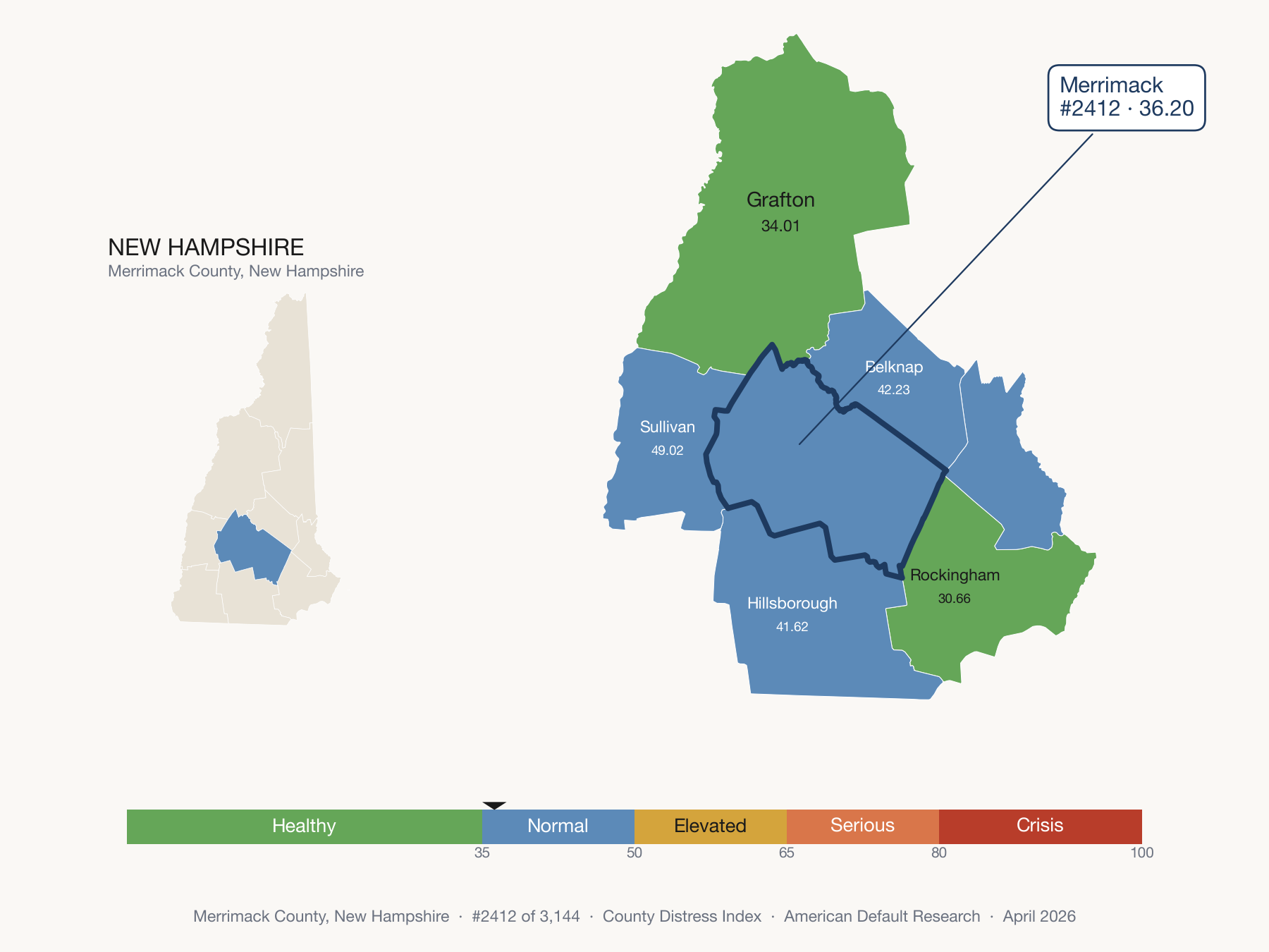 County Distress Index cluster map. Merrimack County, New Hampshire and its neighbors colored by distress zone.