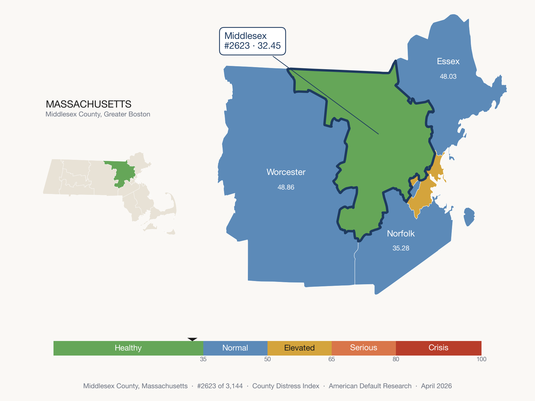 County Distress Index cluster map. Middlesex County, Massachusetts and its neighbors colored by distress zone.
