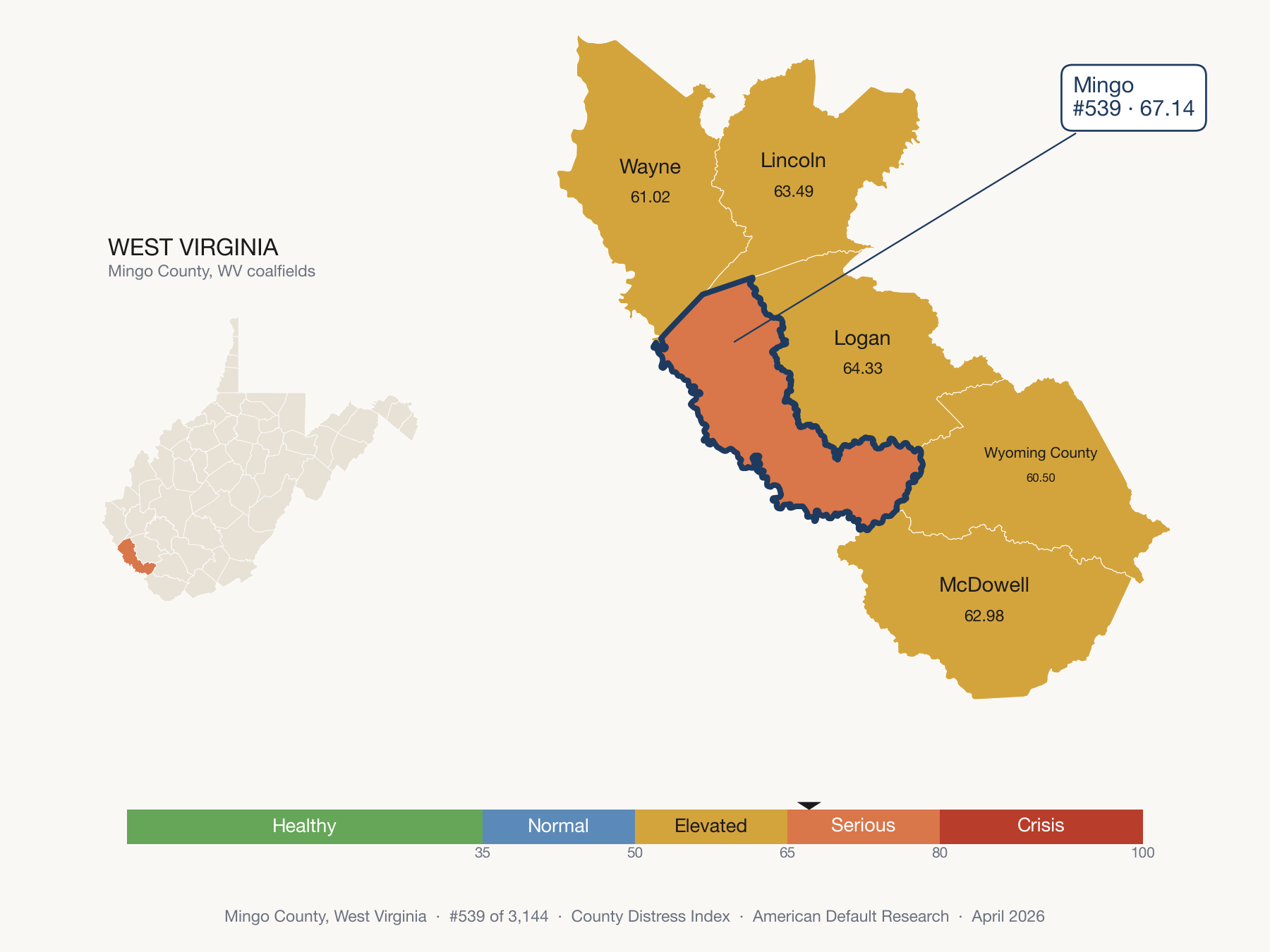 County Distress Index cluster map. Mingo County, West Virginia and its neighbors colored by distress fifth.