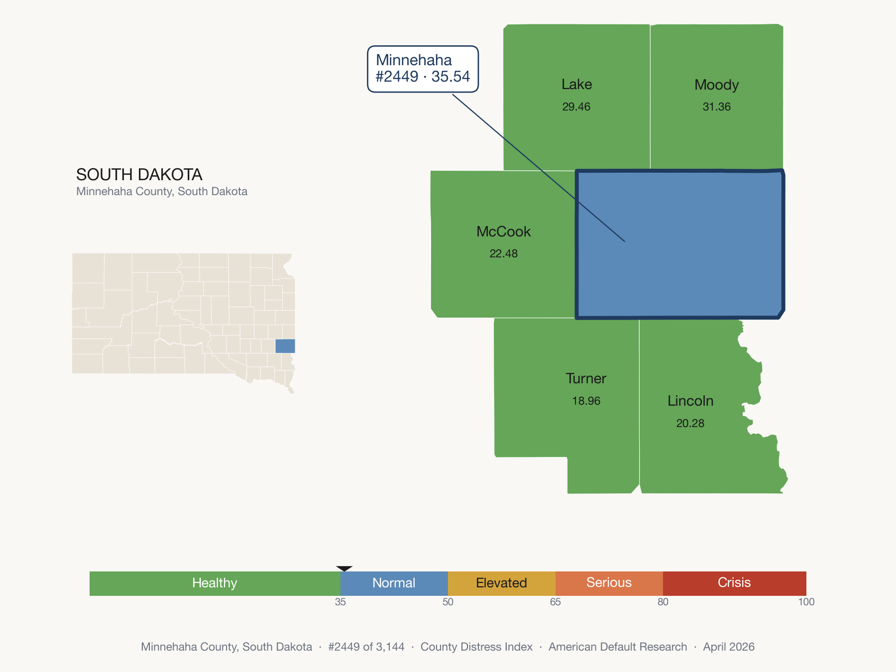 County Distress Index cluster map. Minnehaha County, South Dakota and its neighbors colored by distress zone.