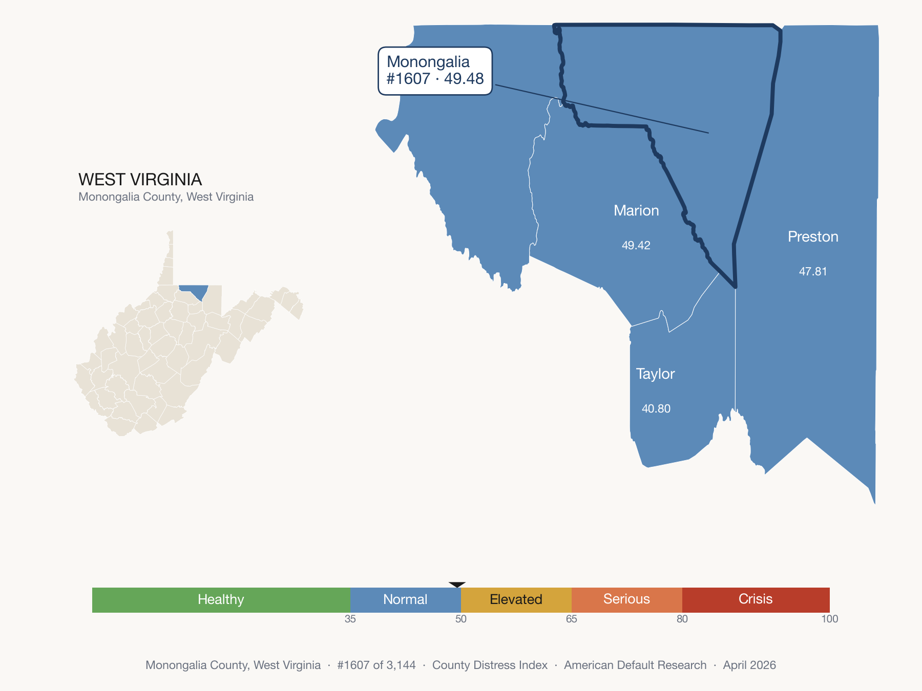 County Distress Index cluster map. Monongalia County, West Virginia and its neighbors colored by distress fifth.