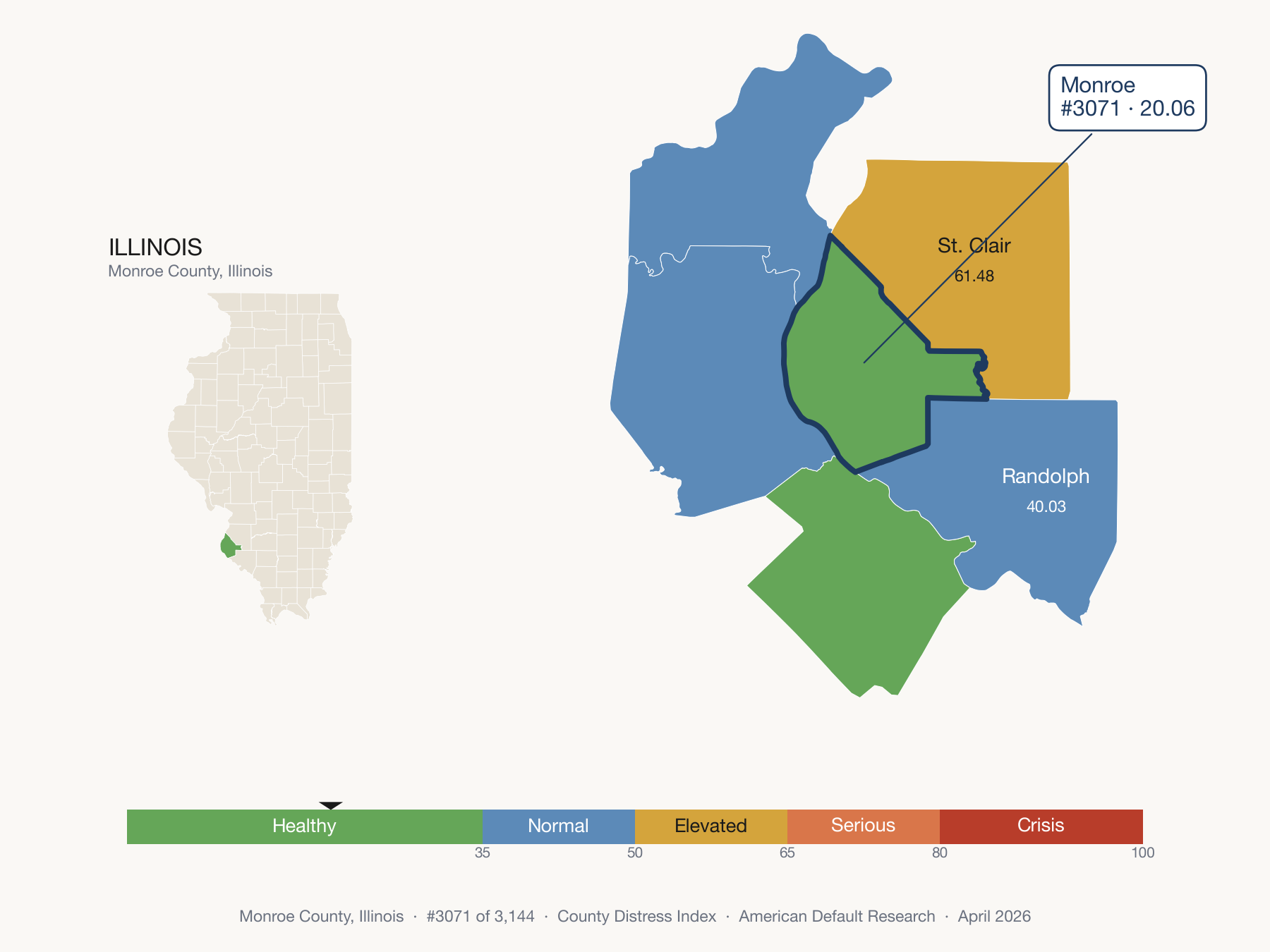 County Distress Index cluster map. Monroe County, Illinois and its neighbors colored by distress zone.