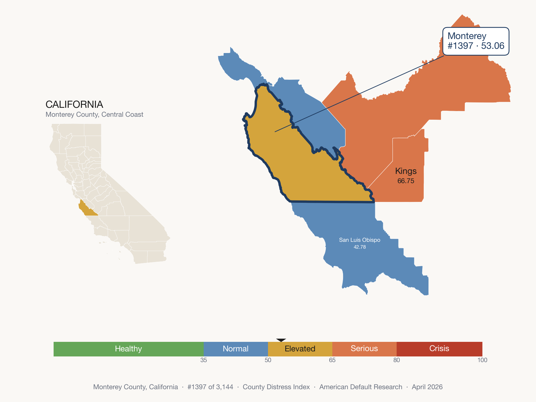 County Distress Index cluster map. Monterey County, California and its neighbors colored by distress zone.