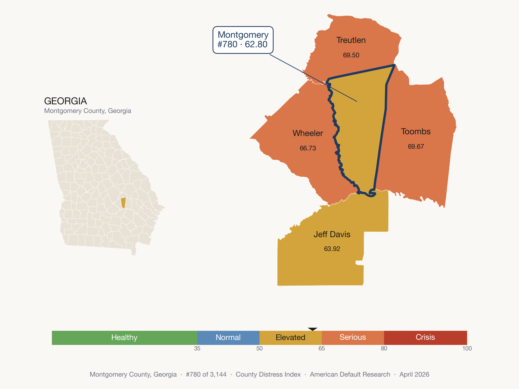 County Distress Index cluster map. Montgomery County, Georgia and its neighbors colored by distress fifth.