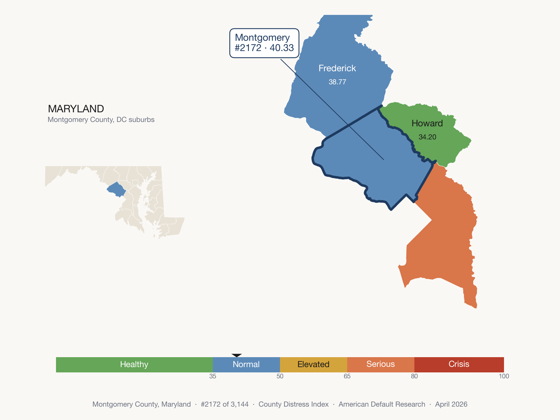 County Distress Index cluster map. Montgomery County, Maryland and its neighbors colored by distress zone.