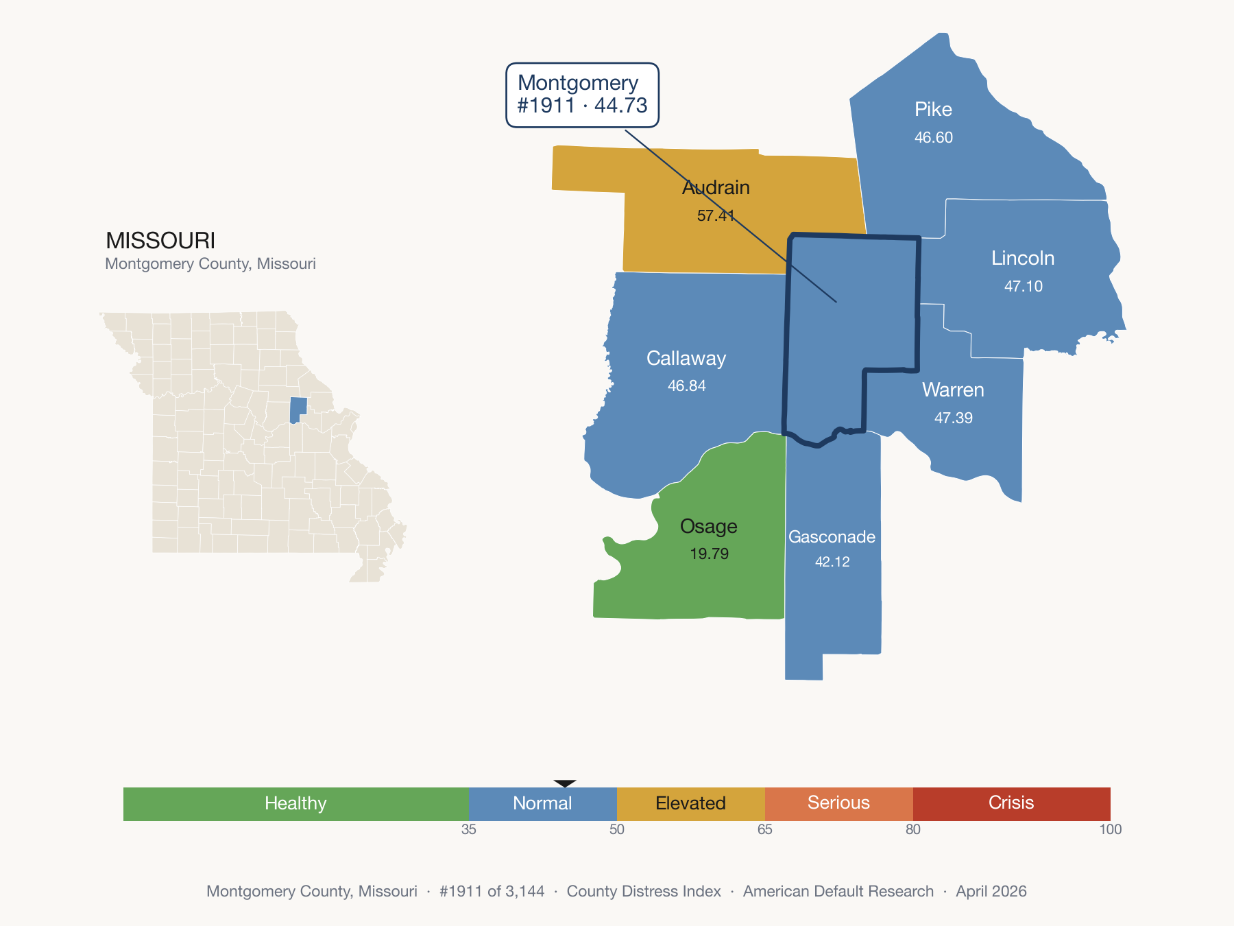 County Distress Index cluster map. Montgomery County, Missouri and its neighbors colored by distress fifth.