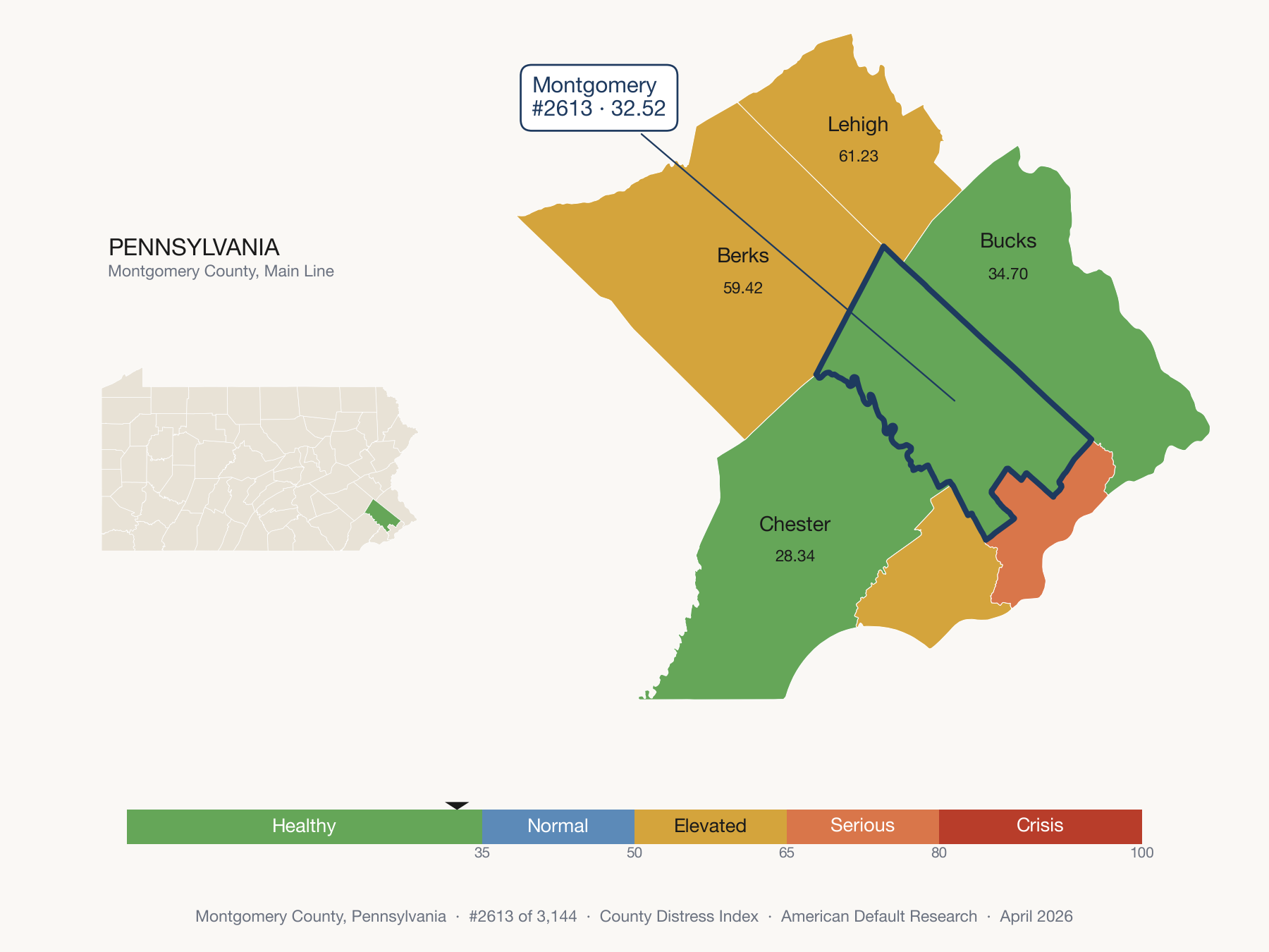 County Distress Index cluster map. Montgomery County, Pennsylvania and its neighbors colored by distress zone.