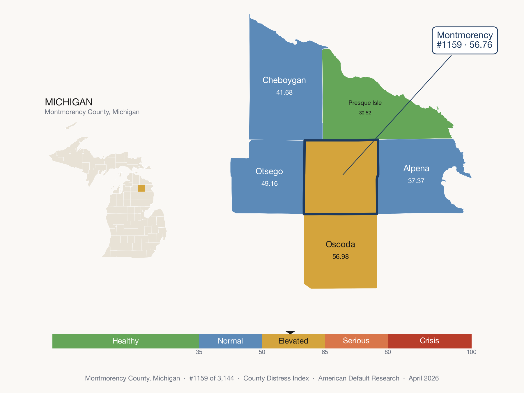 County Distress Index cluster map. Montmorency County, Michigan and its neighbors colored by distress fifth.