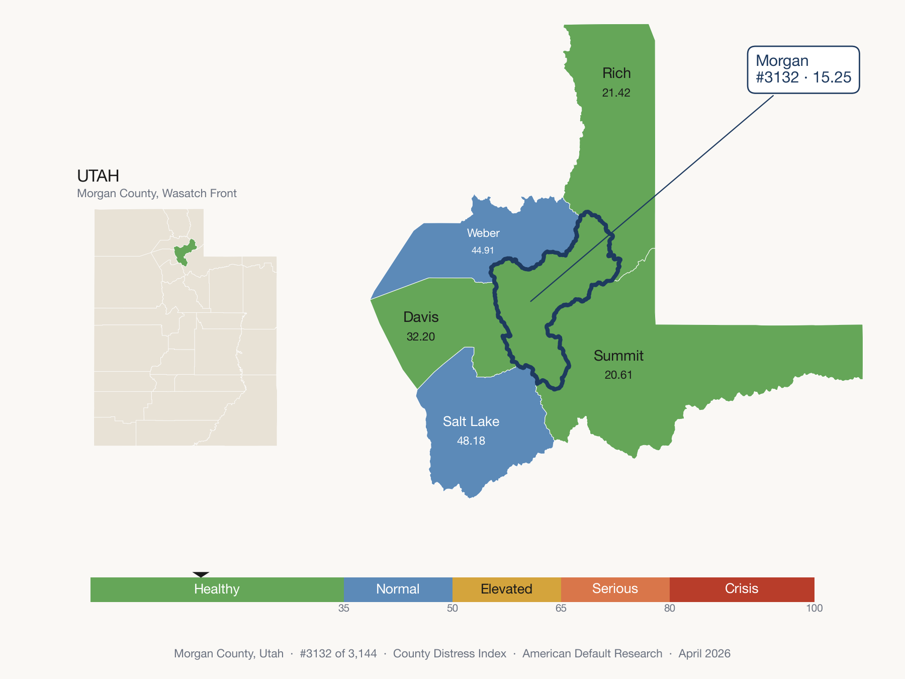 County Distress Index cluster map. Morgan County, Utah and its neighbors colored by distress zone.