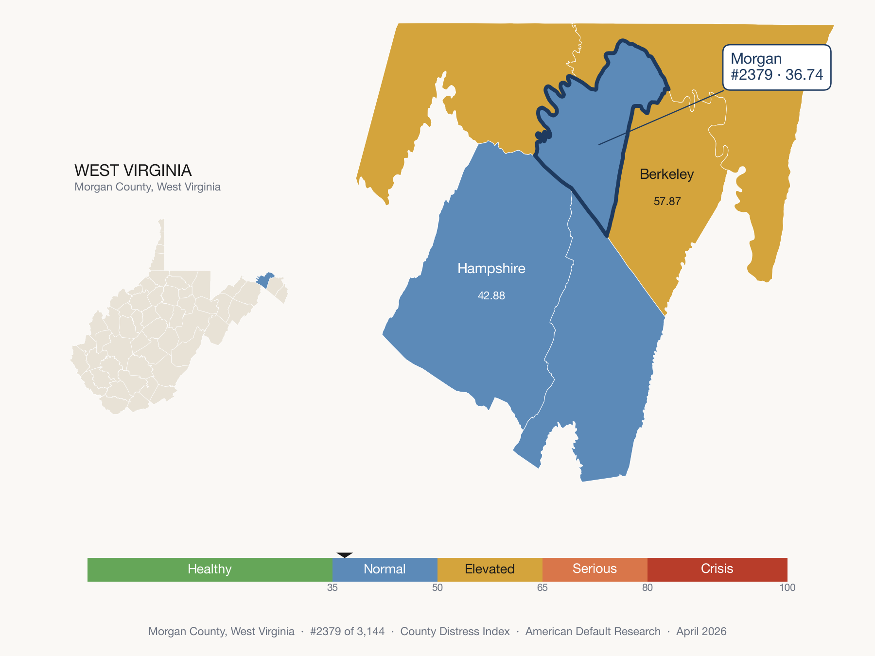 County Distress Index cluster map. Morgan County, West Virginia and its neighbors colored by distress fifth.