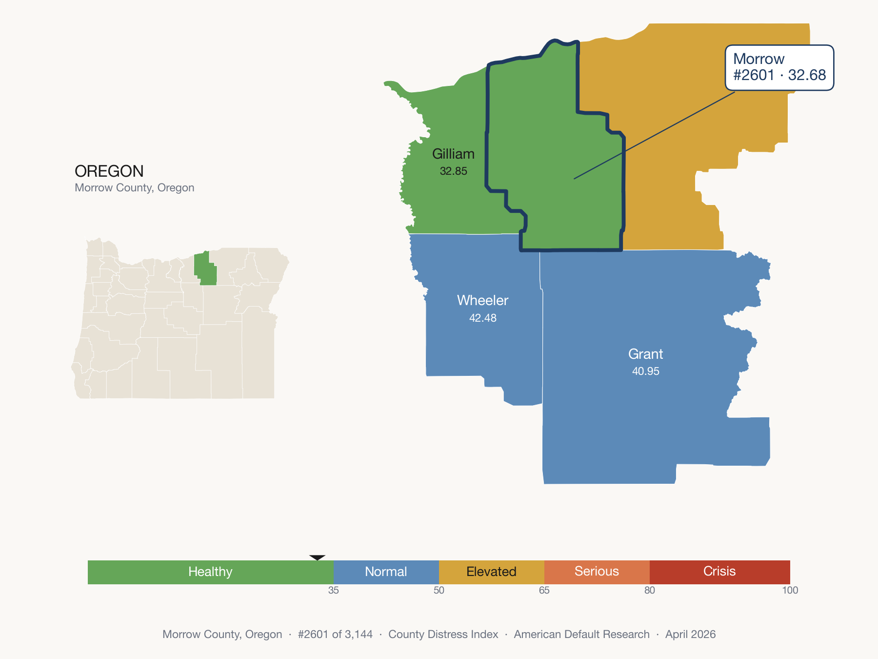 County Distress Index cluster map. Morrow County, Oregon and its neighbors colored by distress zone.