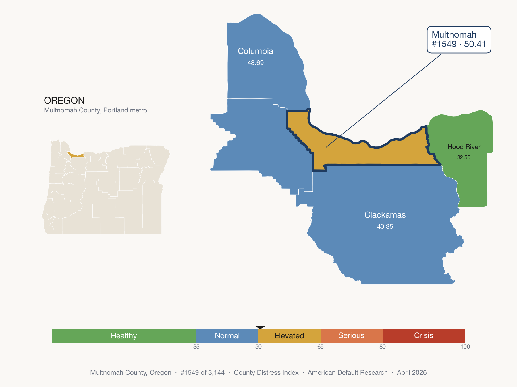 County Distress Index cluster map. Multnomah County, Oregon and its neighbors colored by distress fifth.