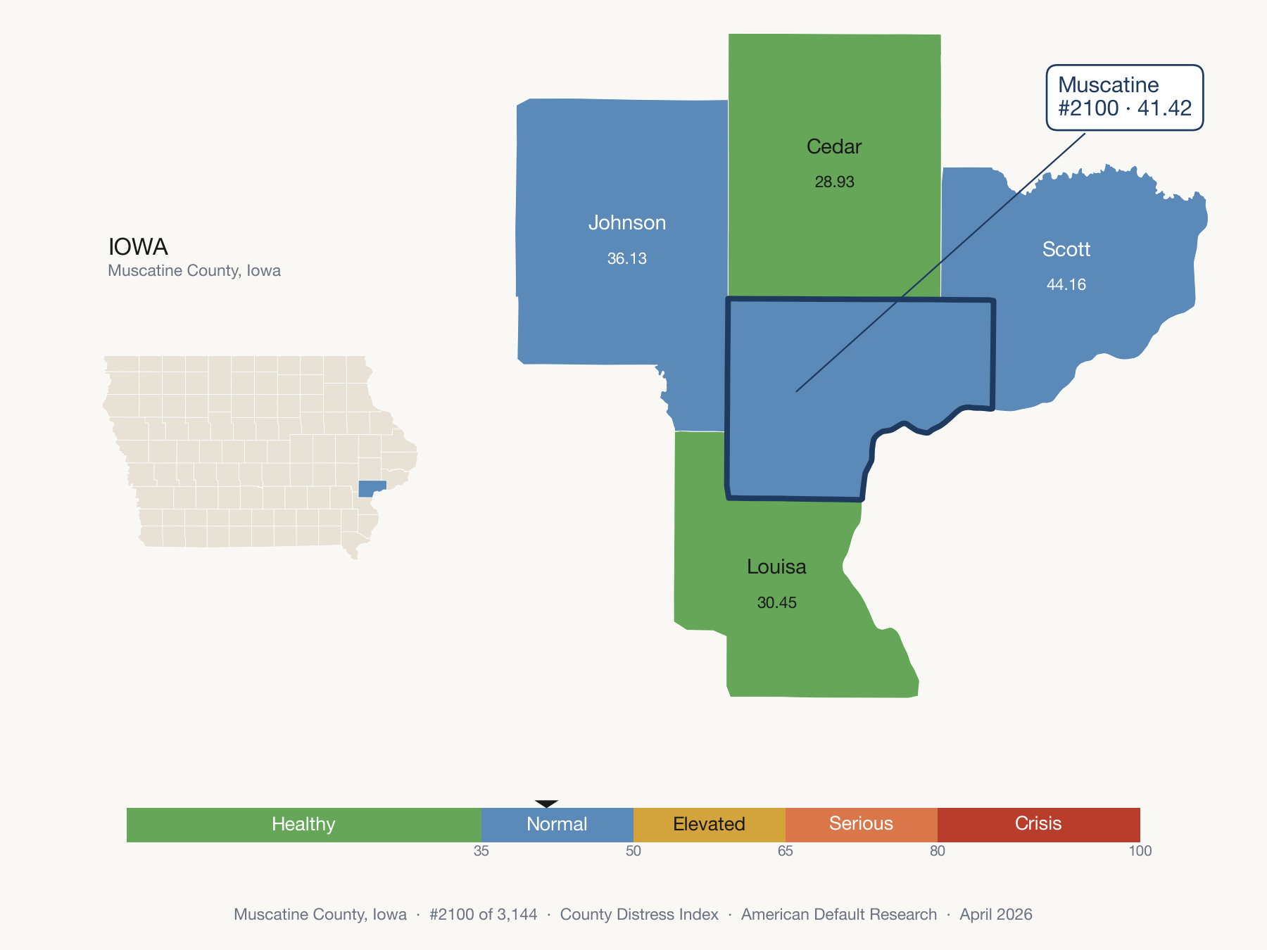 County Distress Index cluster map. Muscatine County, Iowa and its neighbors colored by distress fifth.