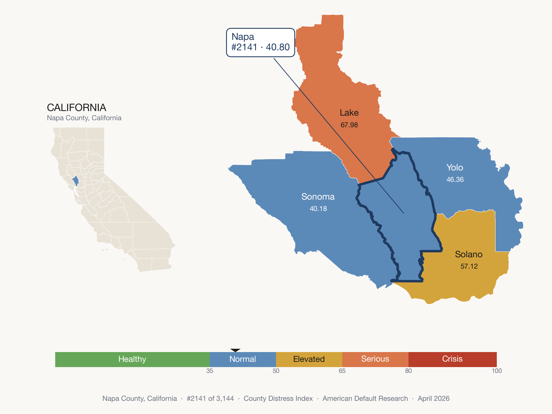 County Distress Index cluster map. Napa County, California and its neighbors colored by distress fifth.