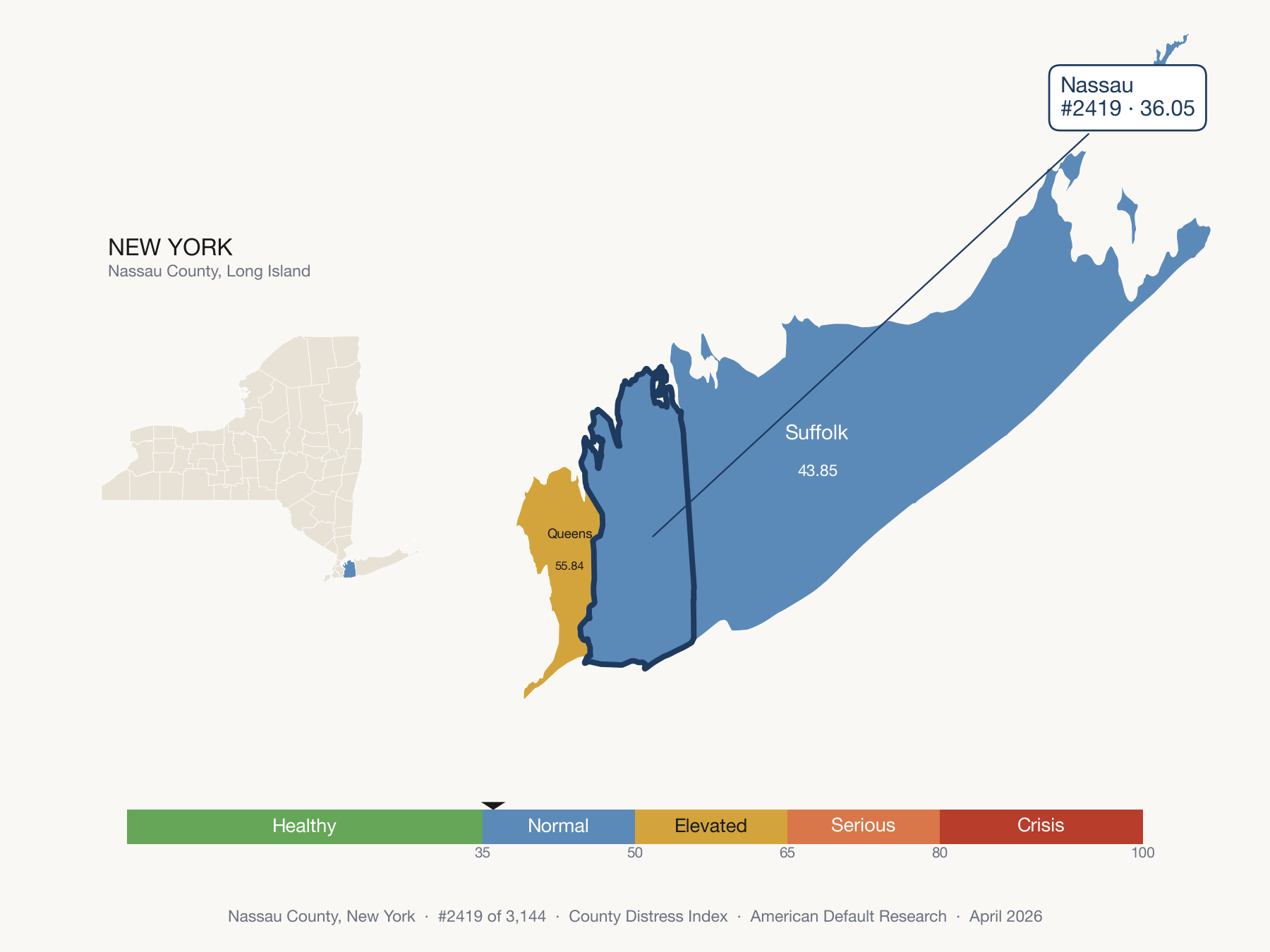 County Distress Index cluster map. Nassau County, New York and its neighbors colored by distress zone.