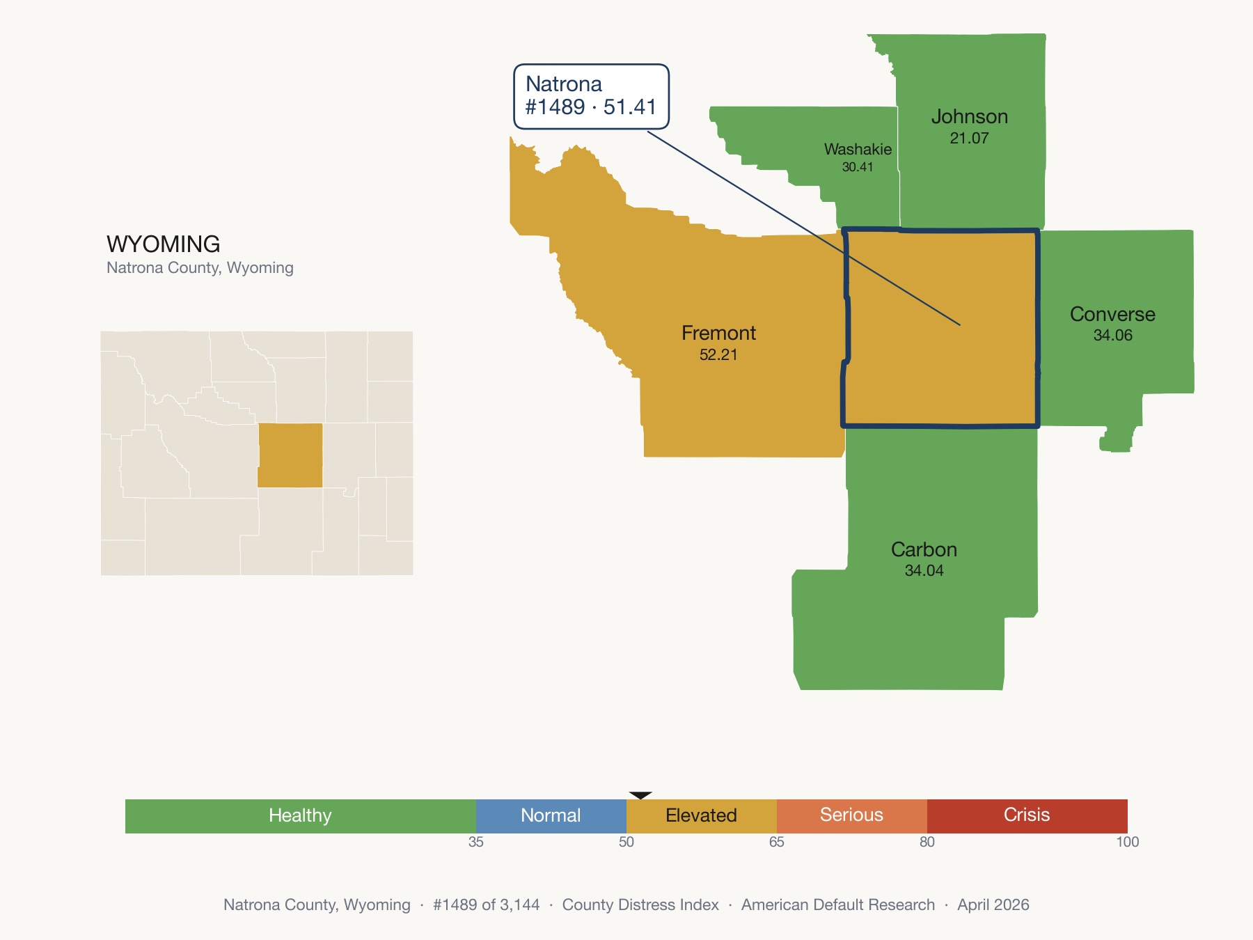 County Distress Index cluster map. Natrona County, Wyoming and its neighbors colored by distress zone.