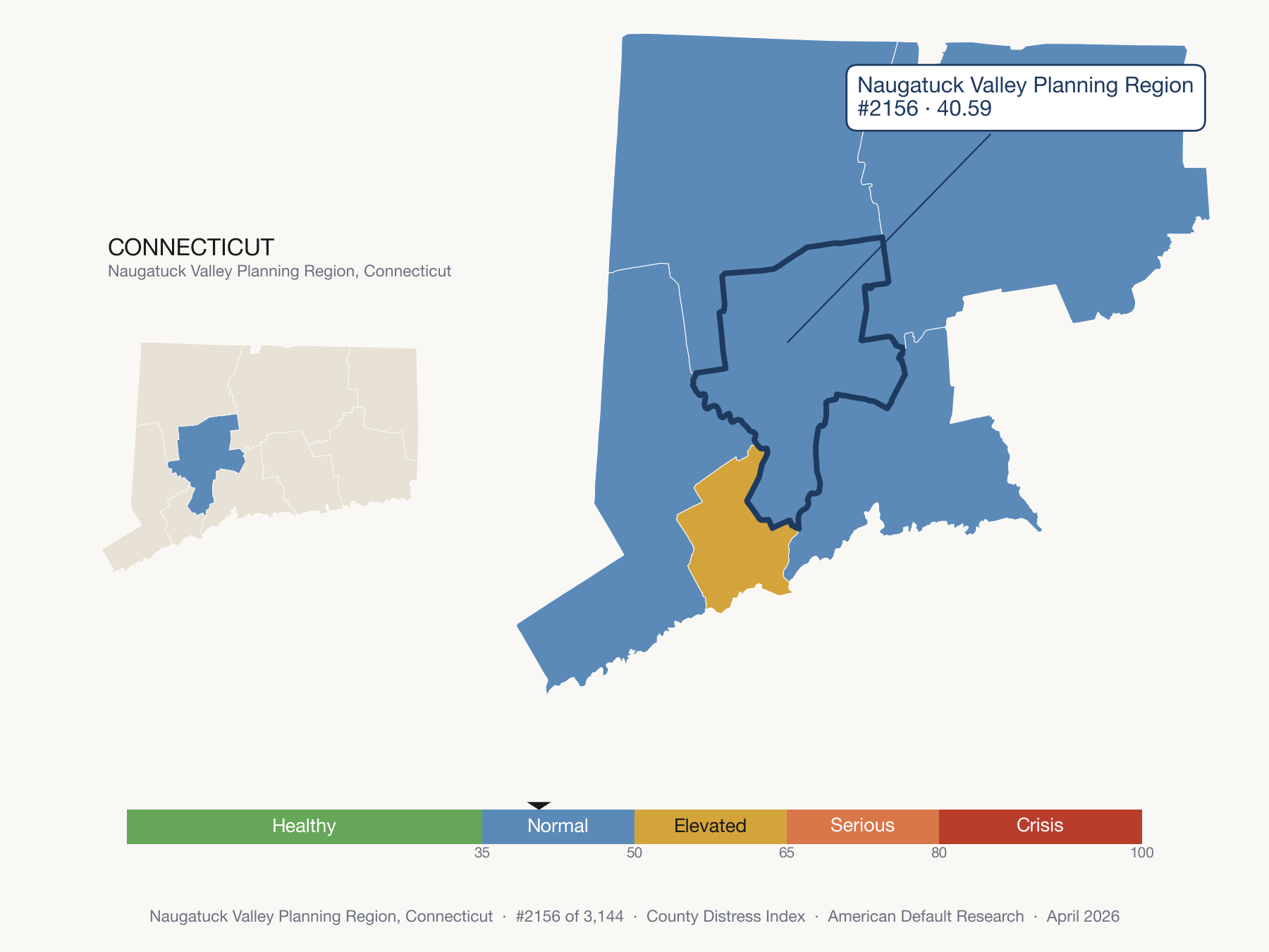County Distress Index cluster map. Naugatuck Valley Planning Region, Connecticut and its neighbors colored by distress fifth.