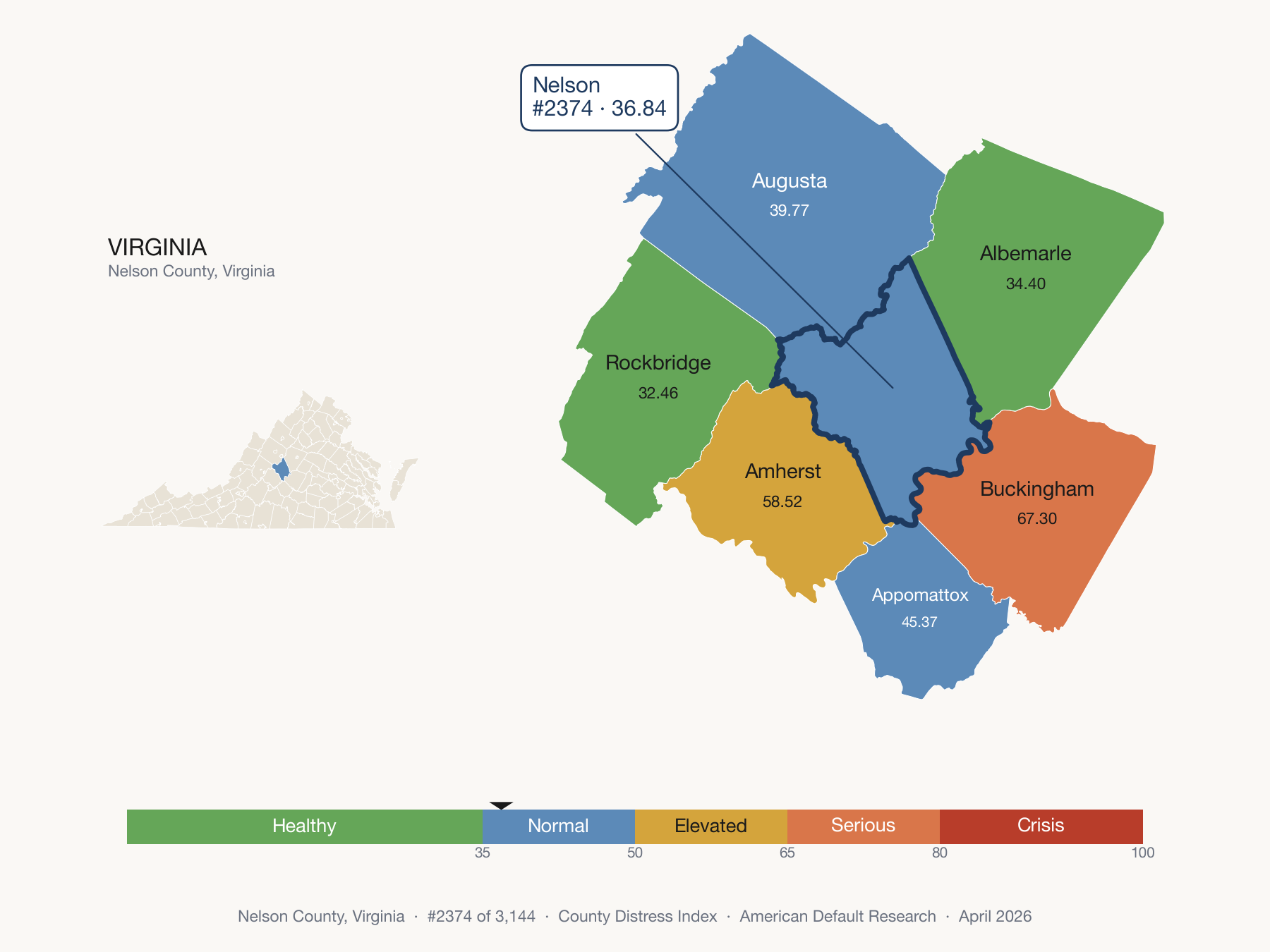 County Distress Index cluster map. Nelson County, Virginia and its neighbors colored by distress fifth.