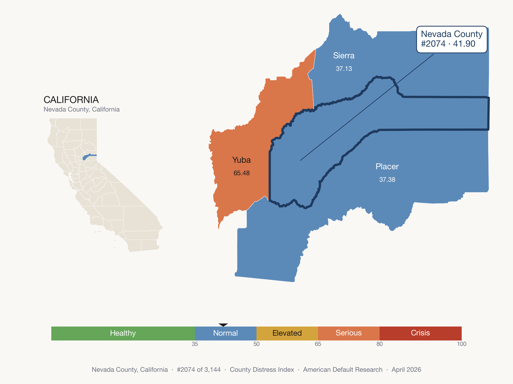 County Distress Index cluster map. Nevada County, California and its neighbors colored by distress fifth.