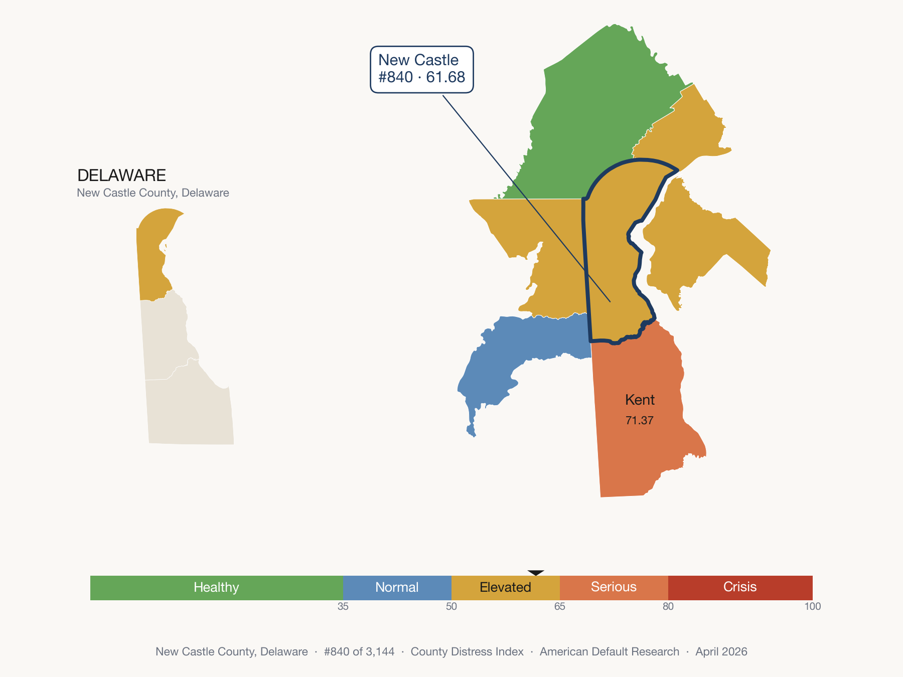 County Distress Index cluster map. New Castle County, Delaware and its neighbors colored by distress fifth.